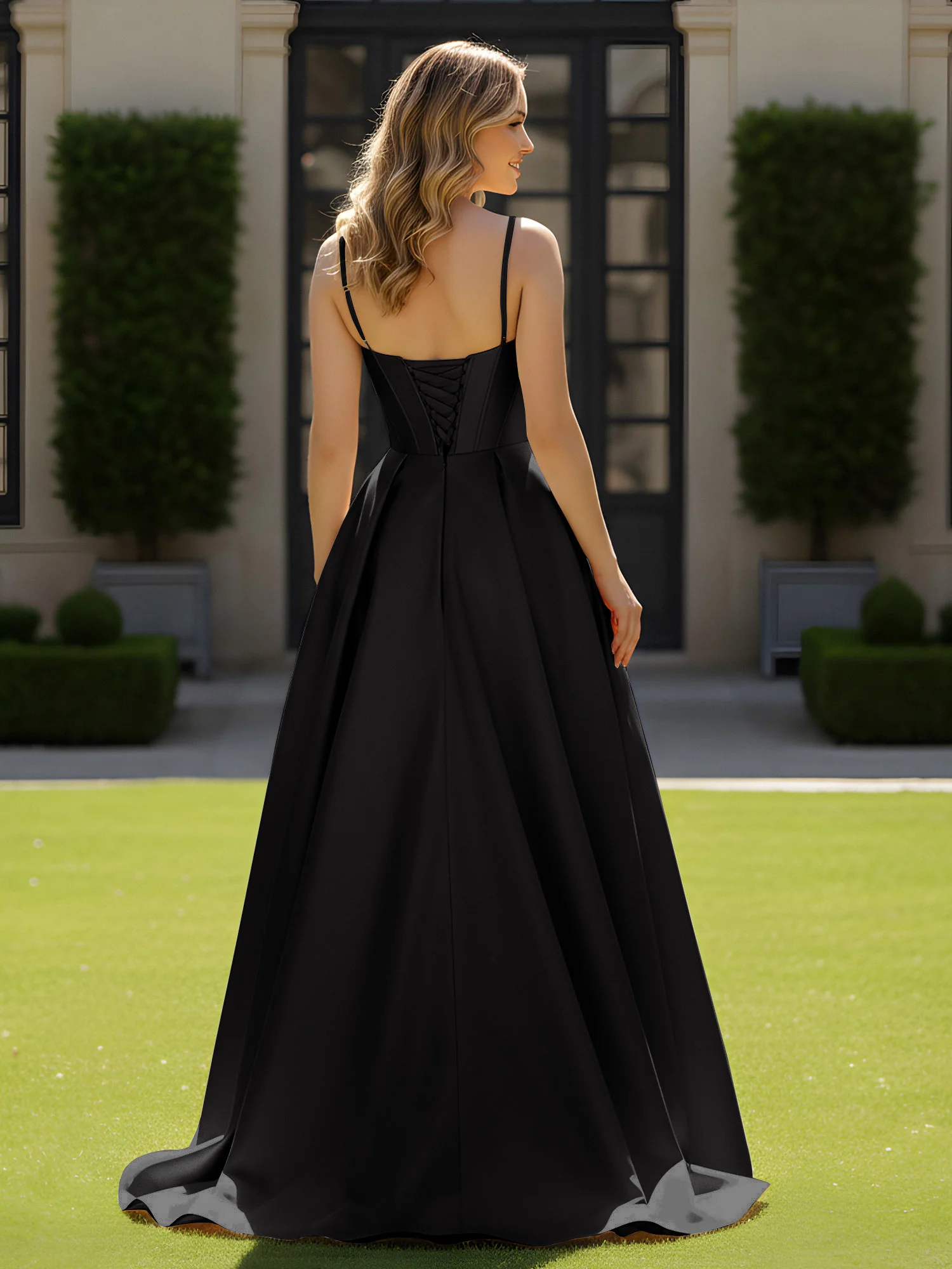 Spaghetti Straps Beaded Sweetheart Neck Maxi Gown Black - Image 2