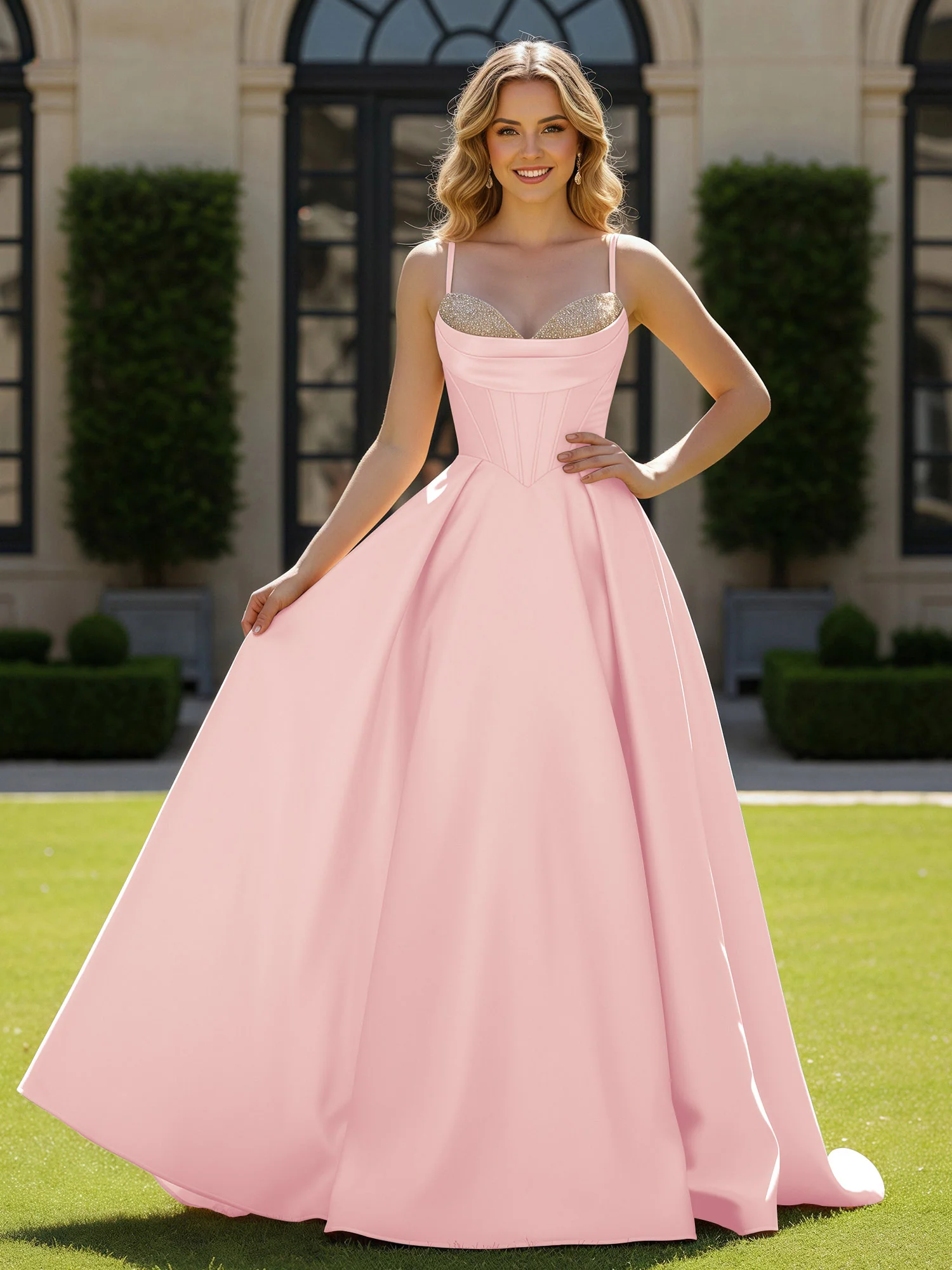 Spaghetti Straps Beaded Sweetheart Neck Maxi Gown Blushing Pink