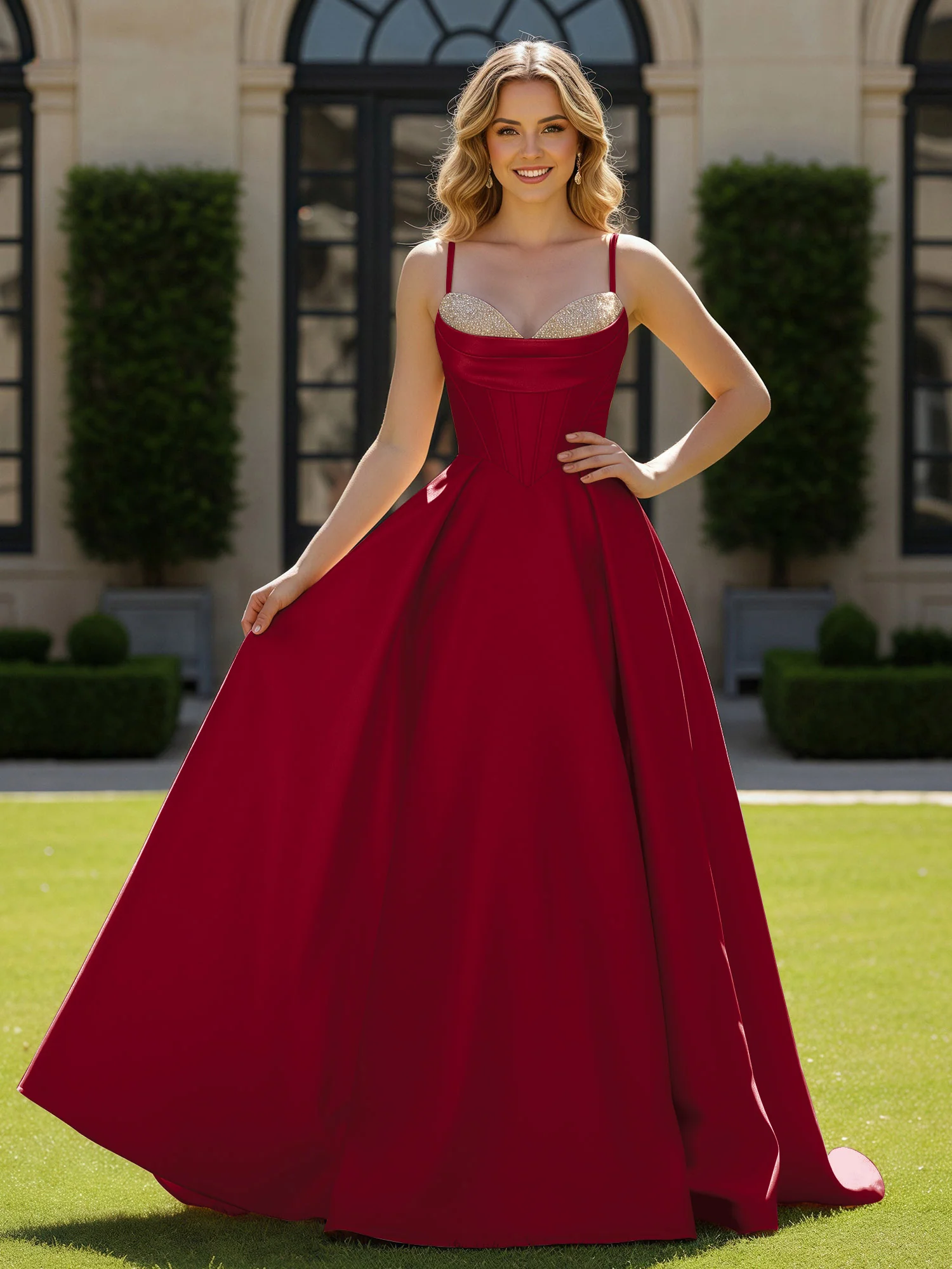 Spaghetti Straps Beaded Sweetheart Neck Maxi Gown Burgundy