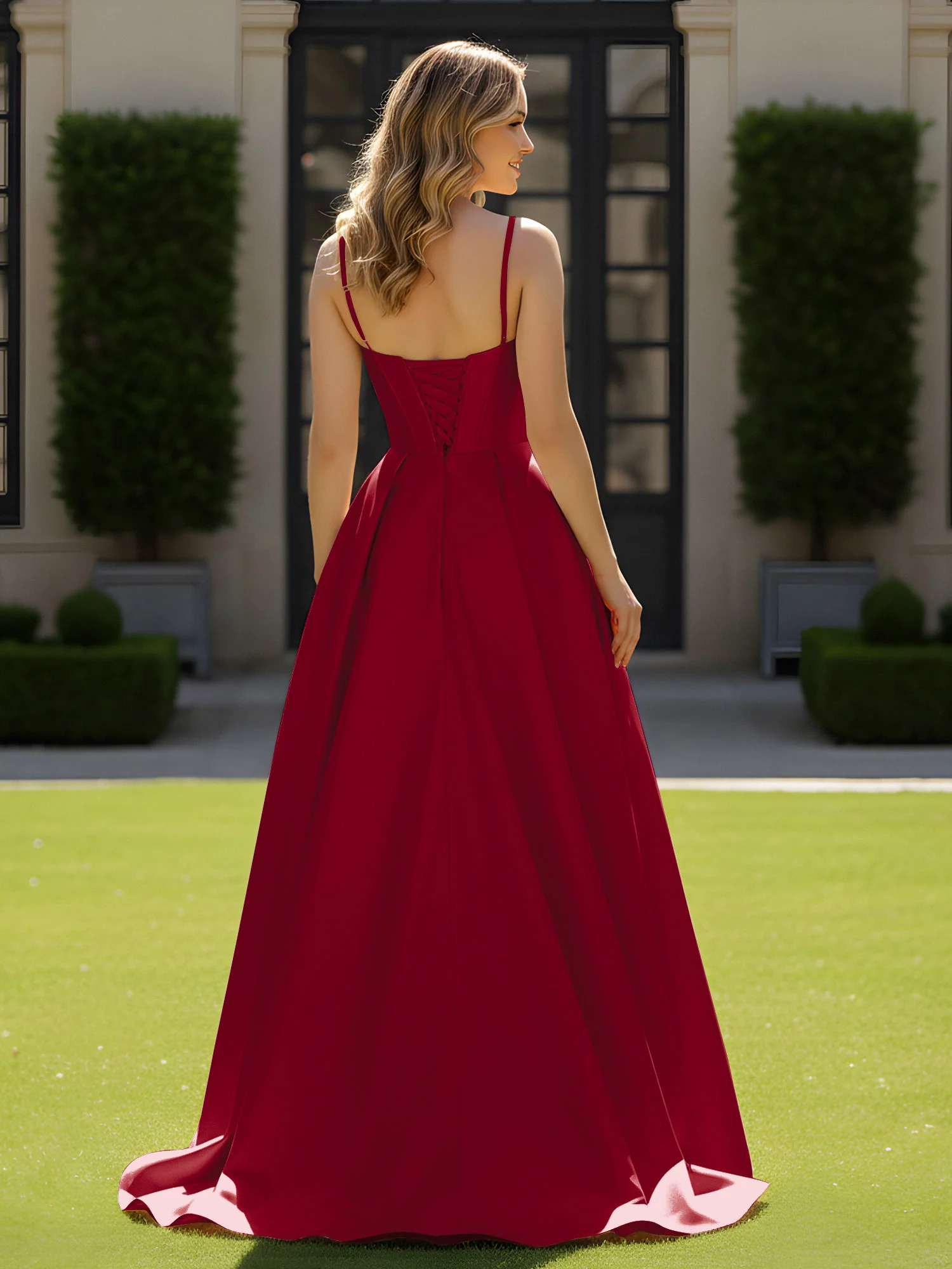 Spaghetti Straps Beaded Sweetheart Neck Maxi Gown Burgundy - Image 2