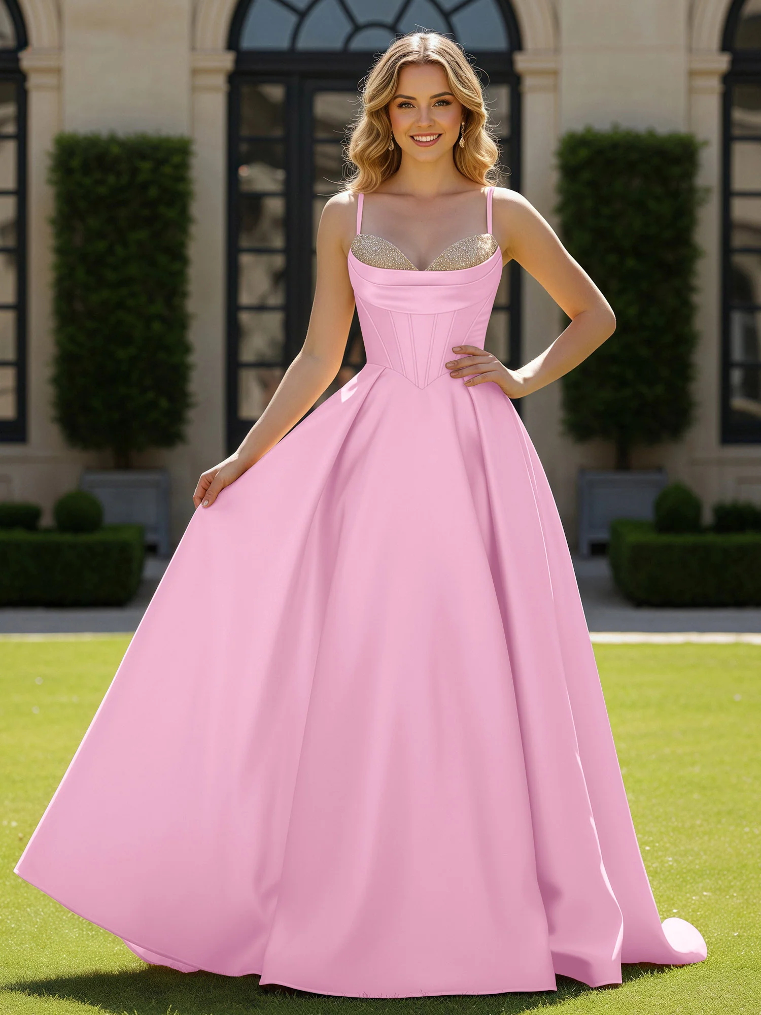 Spaghetti Straps Beaded Sweetheart Neck Maxi Gown Candy Pink