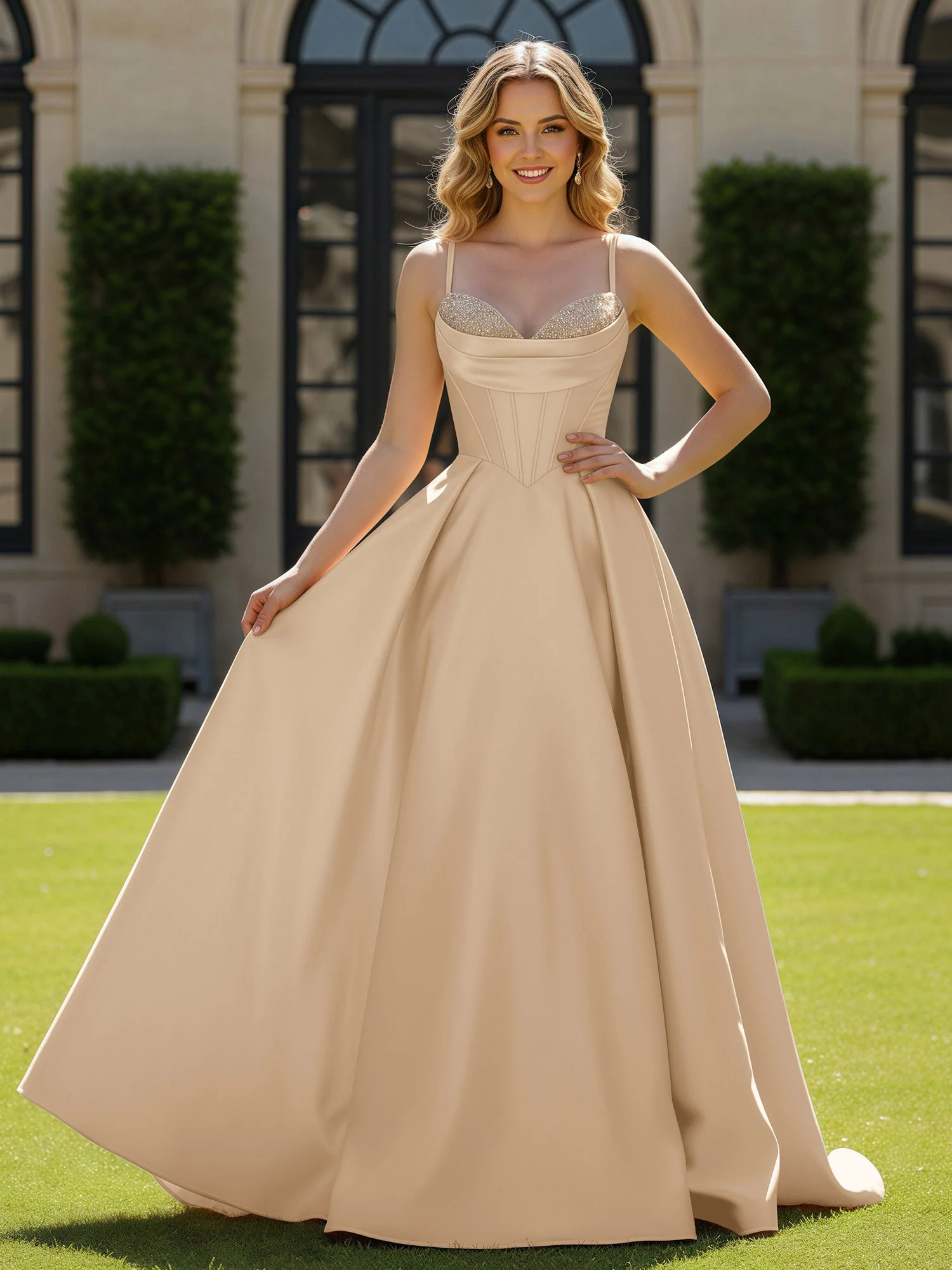 Spaghetti Straps Beaded Sweetheart Neck Maxi Gown Champagne