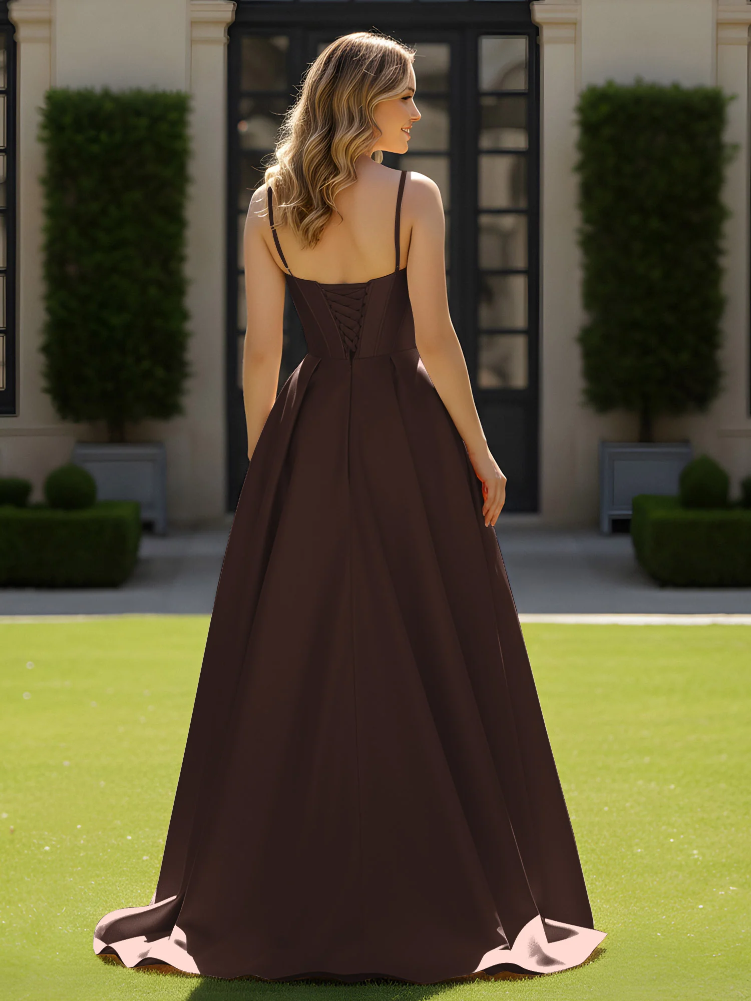 Spaghetti Straps Beaded Sweetheart Neck Maxi Gown Chocolate - Image 2