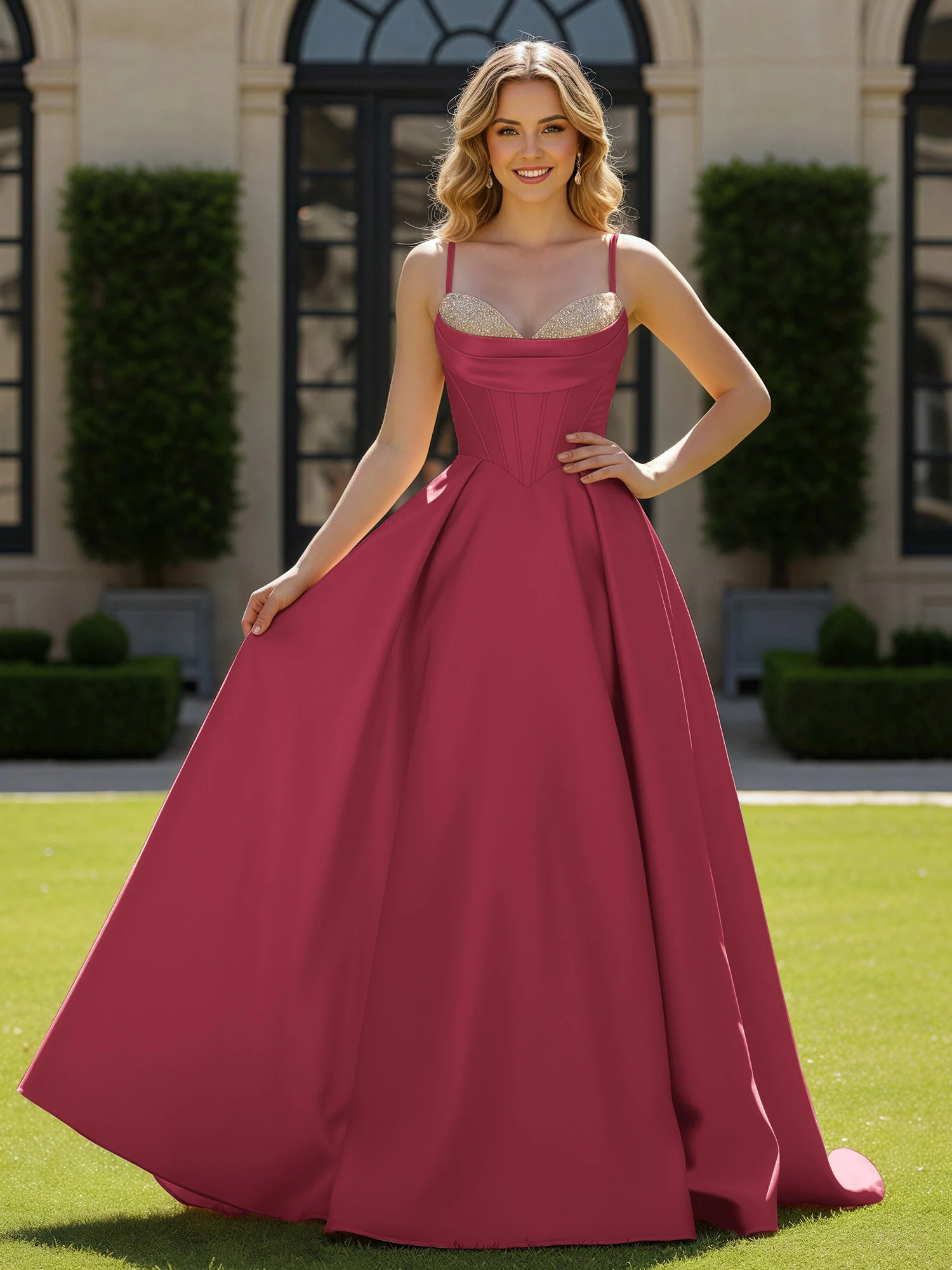 Spaghetti Straps Beaded Sweetheart Neck Maxi Gown Cinnamon Rose