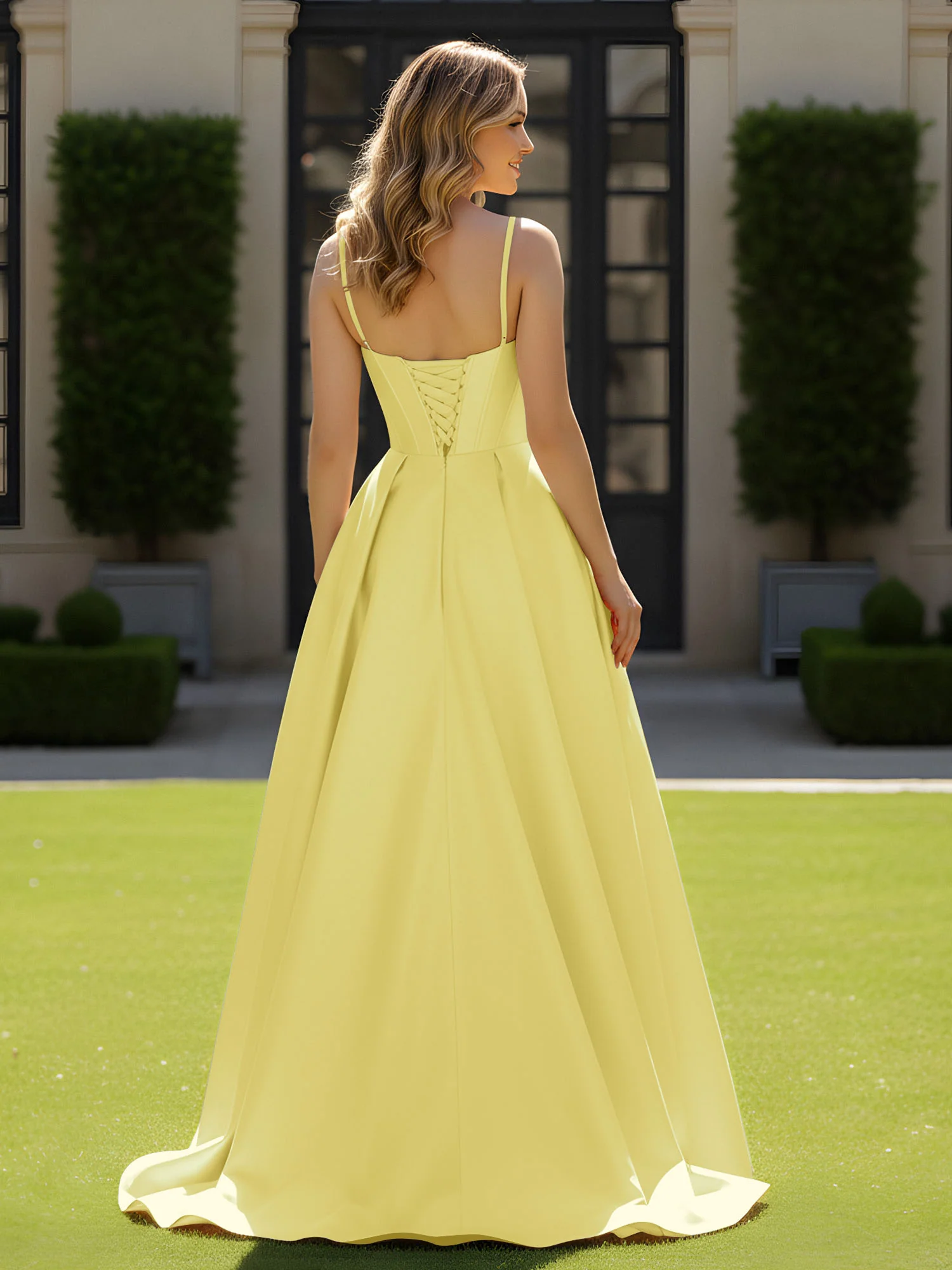 Spaghetti Straps Beaded Sweetheart Neck Maxi Gown Daffodil - Image 2