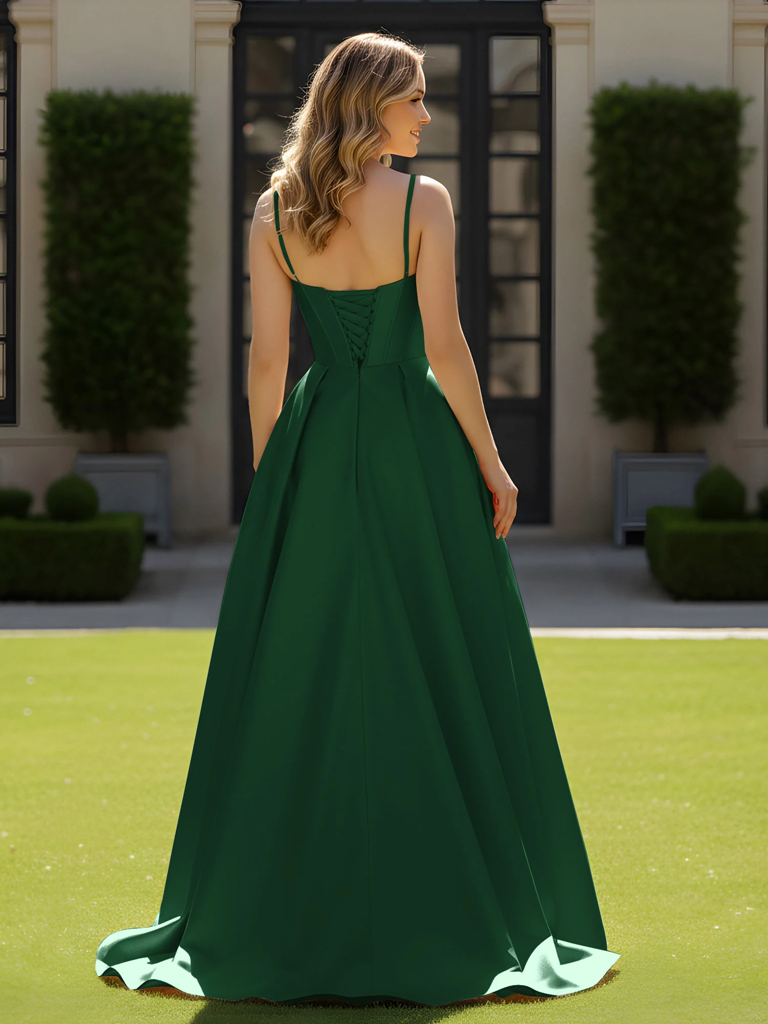 Spaghetti Straps Beaded Sweetheart Neck Maxi Gown Dark Green - Image 2