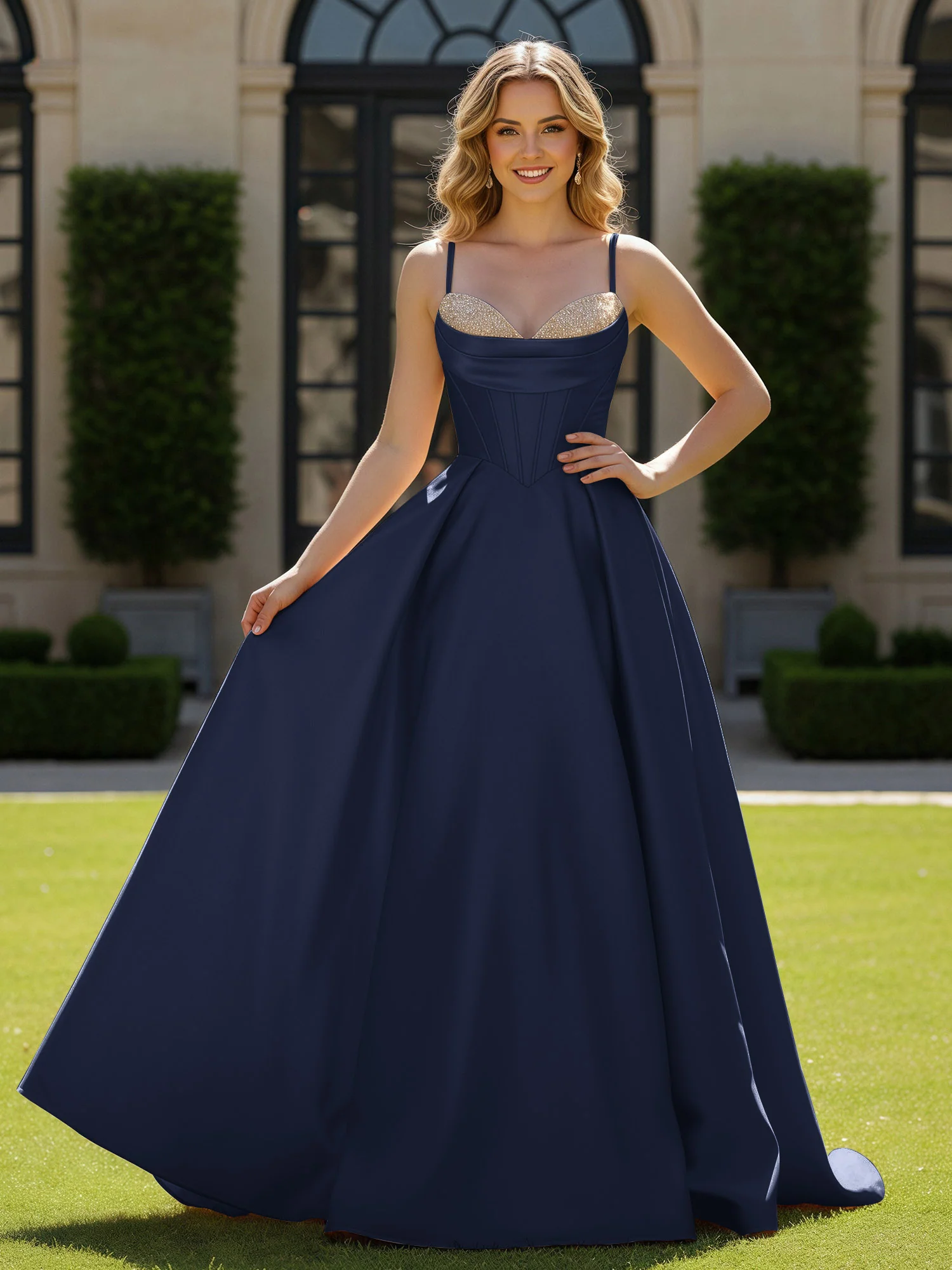 Spaghetti Straps Beaded Sweetheart Neck Maxi Gown Dark Navy