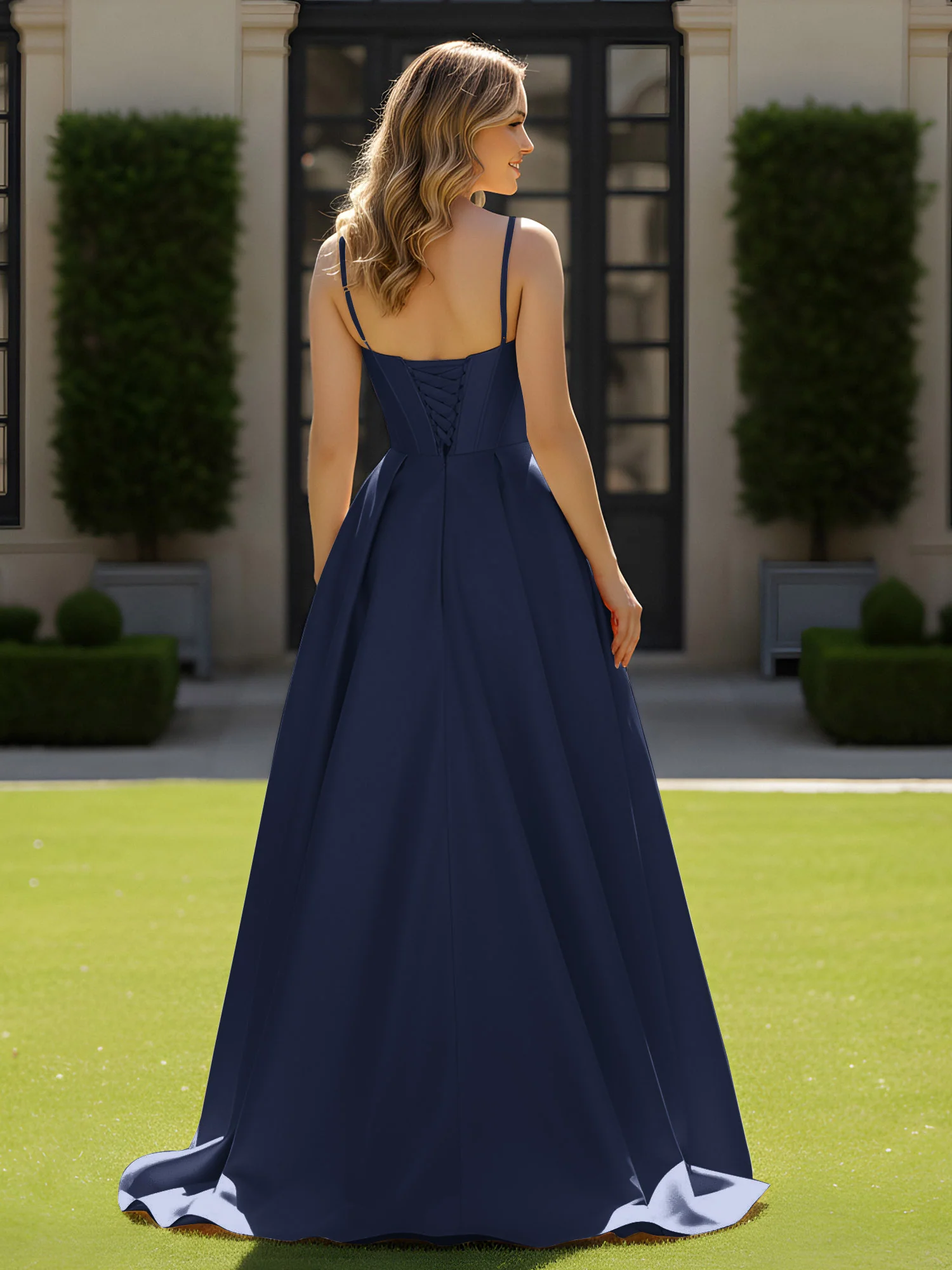 Spaghetti Straps Beaded Sweetheart Neck Maxi Gown Dark Navy - Image 2