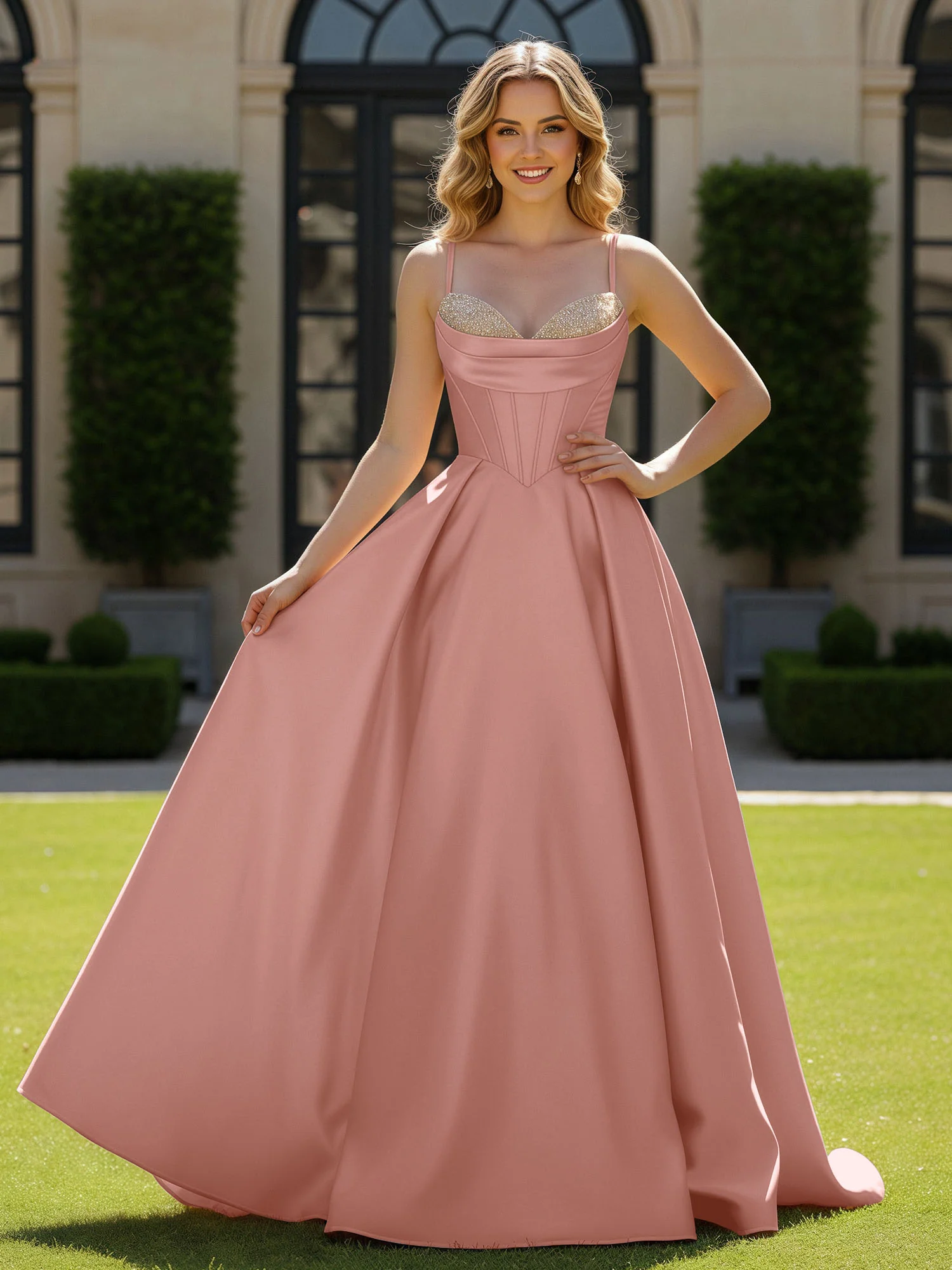 Spaghetti Straps Beaded Sweetheart Neck Maxi Gown Dusty Rose