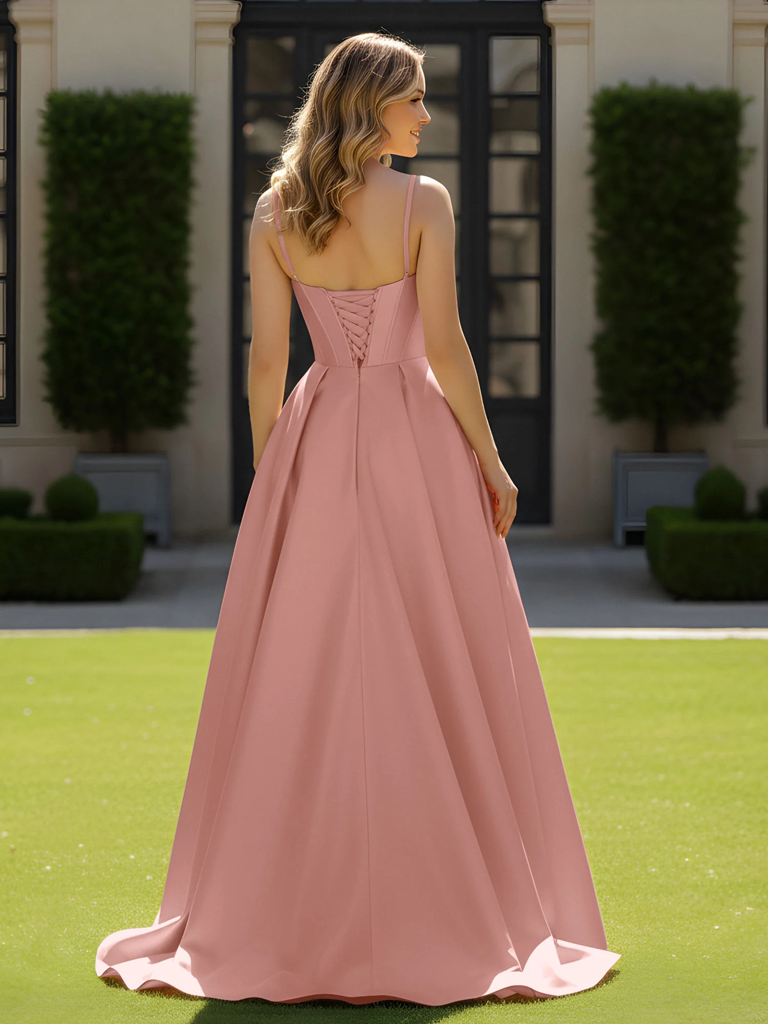 Spaghetti Straps Beaded Sweetheart Neck Maxi Gown Dusty Rose - Image 2