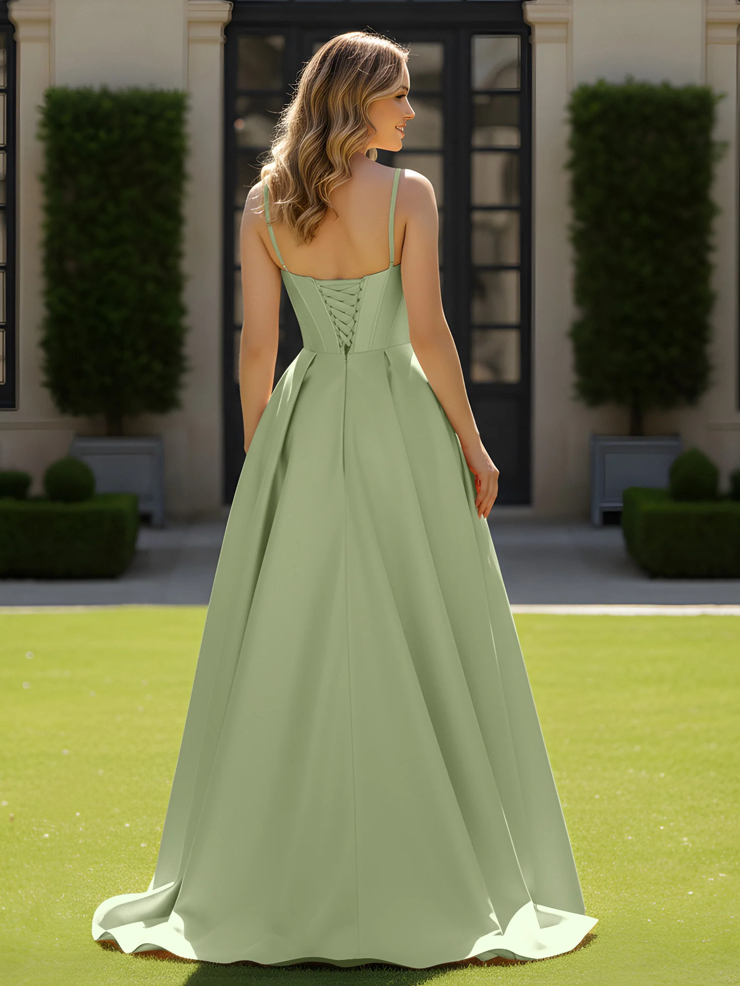 Spaghetti Straps Beaded Sweetheart Neck Maxi Gown Dusty Sage - Image 2