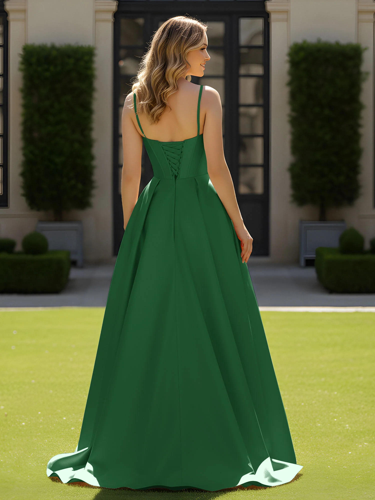 Spaghetti Straps Beaded Sweetheart Neck Maxi Gown Emerald - Image 2