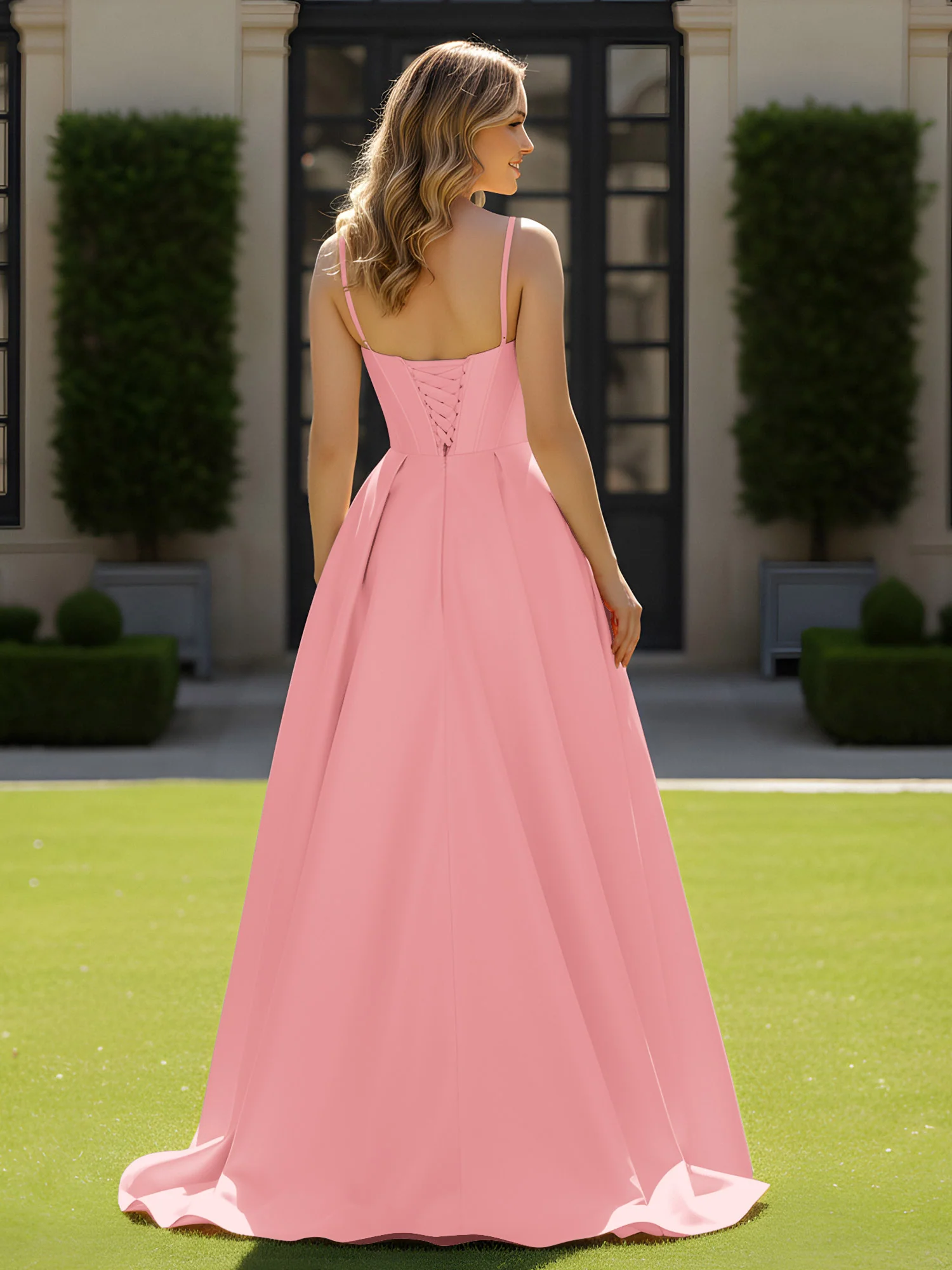 Spaghetti Straps Beaded Sweetheart Neck Maxi Gown Flamingo - Image 2
