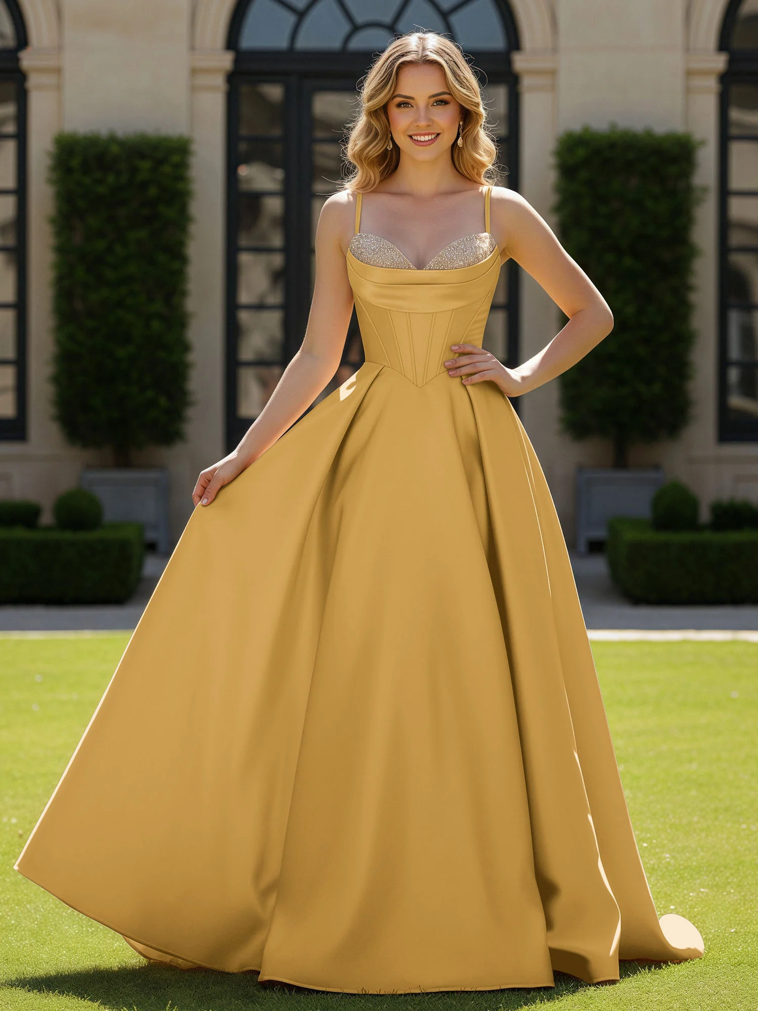 Spaghetti Straps Beaded Sweetheart Neck Maxi Gown Gold