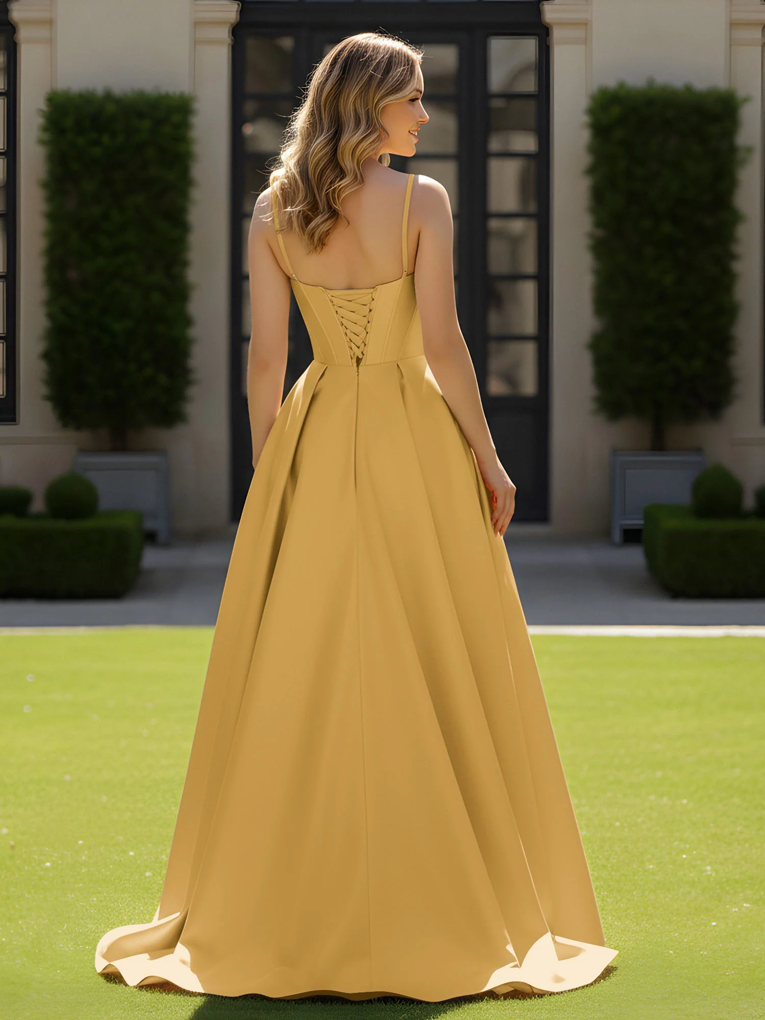 Spaghetti Straps Beaded Sweetheart Neck Maxi Gown Gold - Image 2