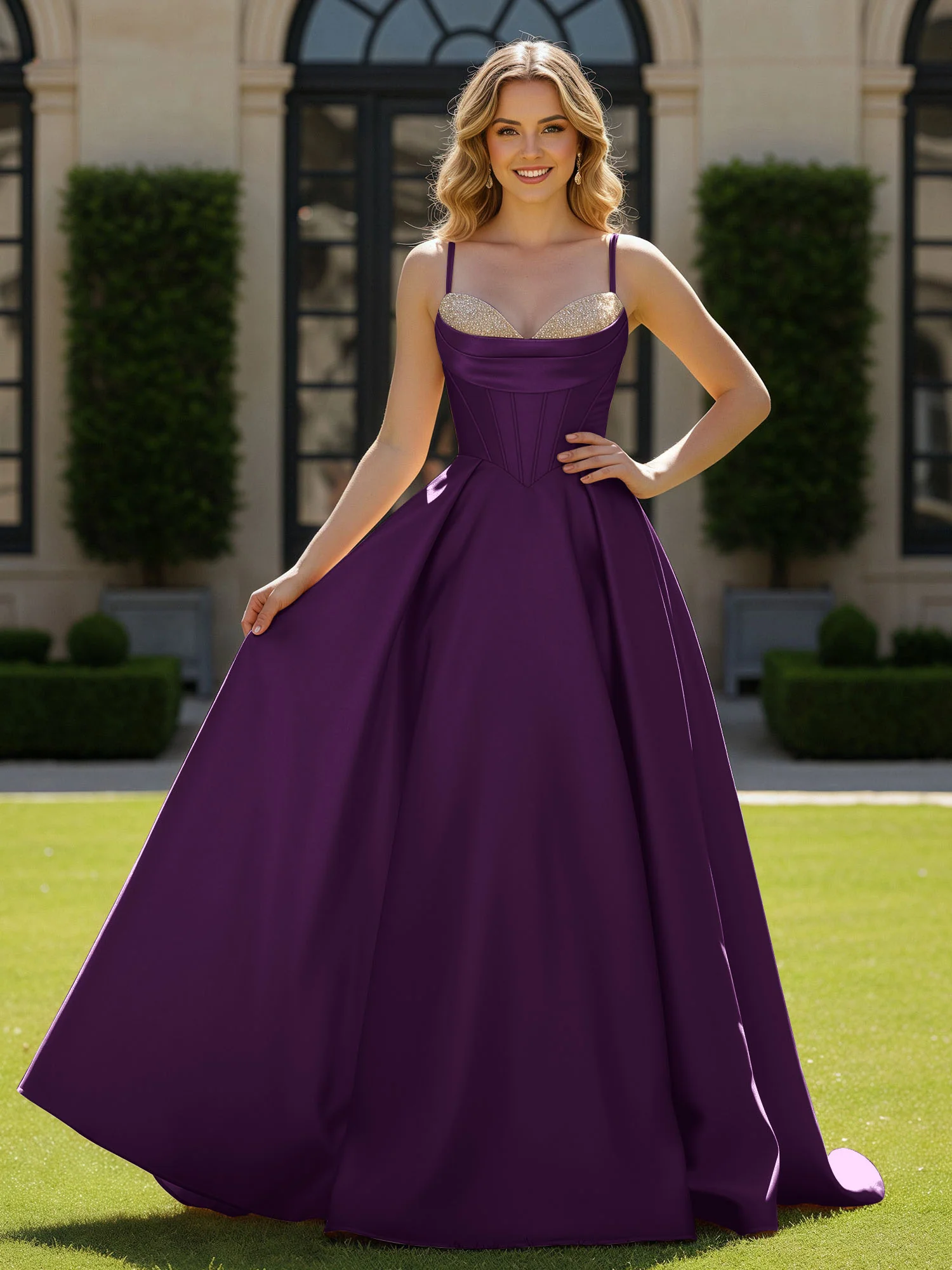 Spaghetti Straps Beaded Sweetheart Neck Maxi Gown Grape