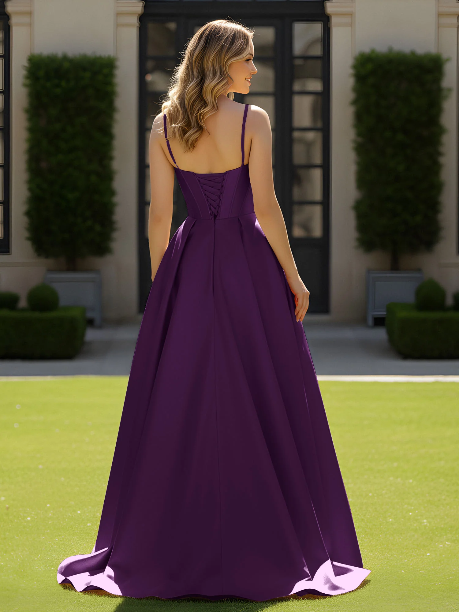 Spaghetti Straps Beaded Sweetheart Neck Maxi Gown Grape - Image 2