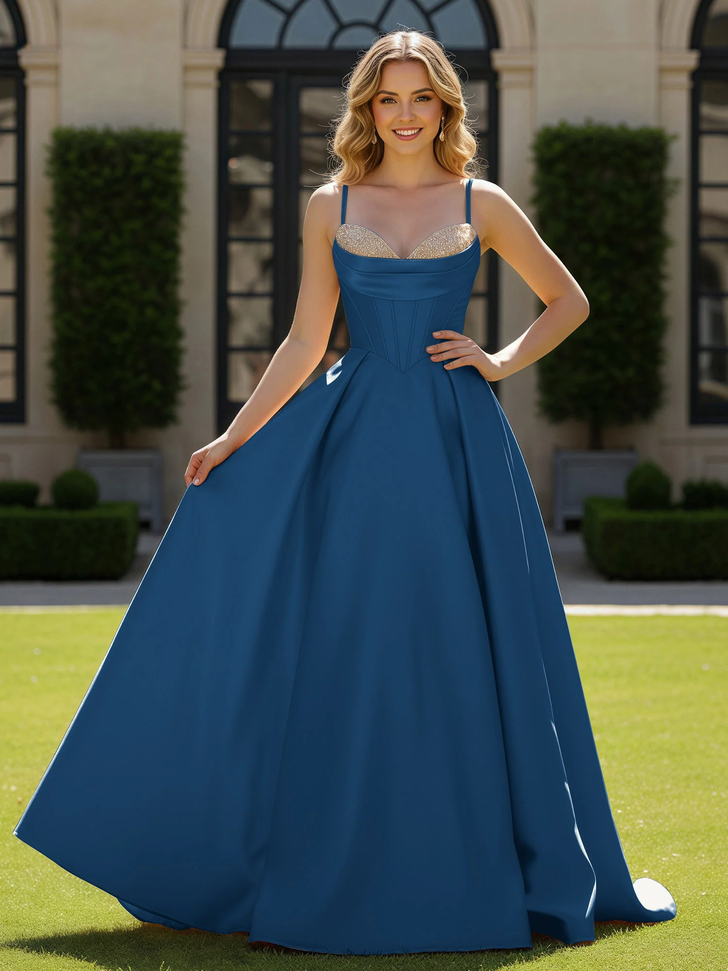 Spaghetti Straps Beaded Sweetheart Neck Maxi Gown Ink Blue