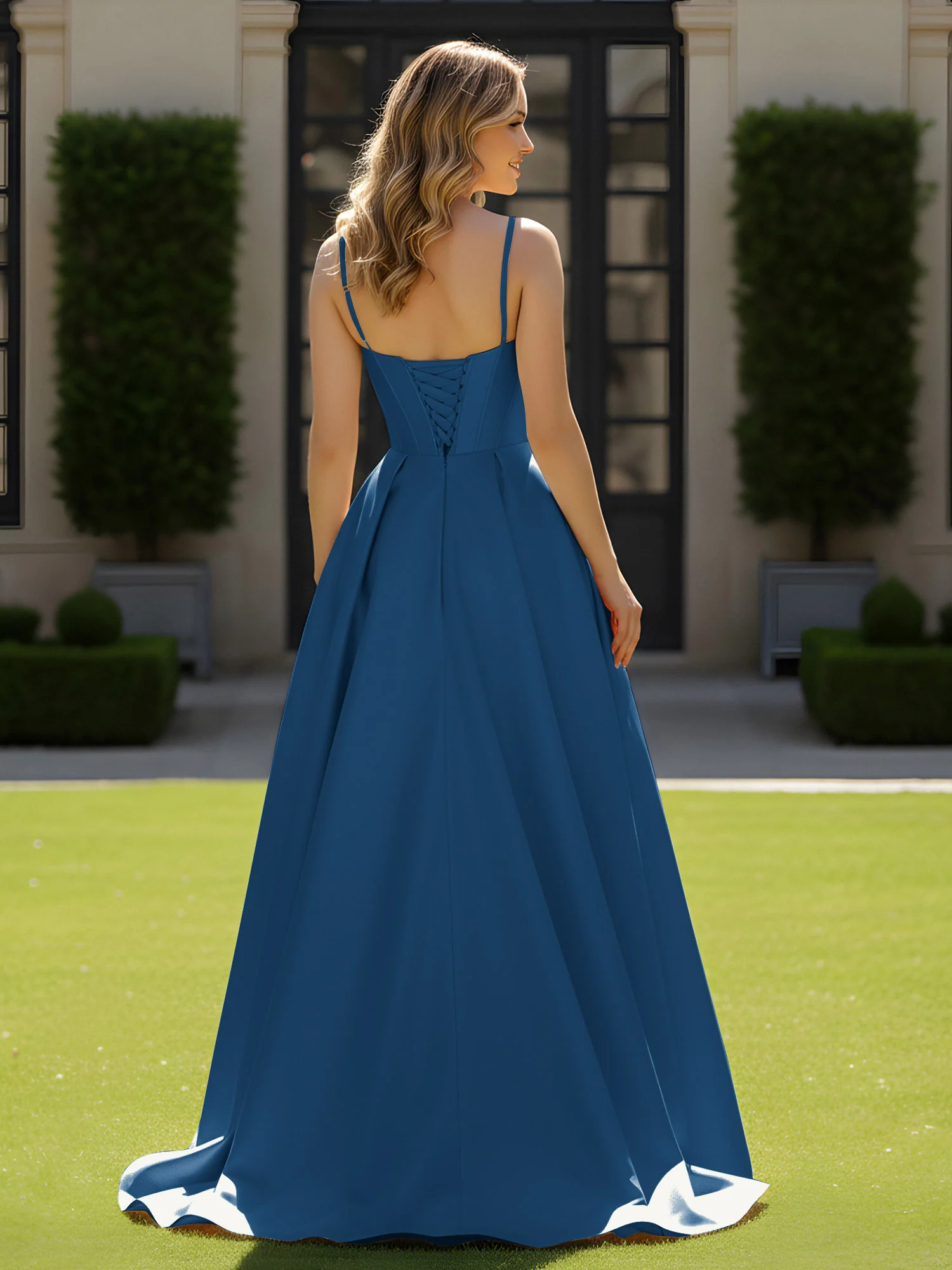 Spaghetti Straps Beaded Sweetheart Neck Maxi Gown Ink Blue - Image 2
