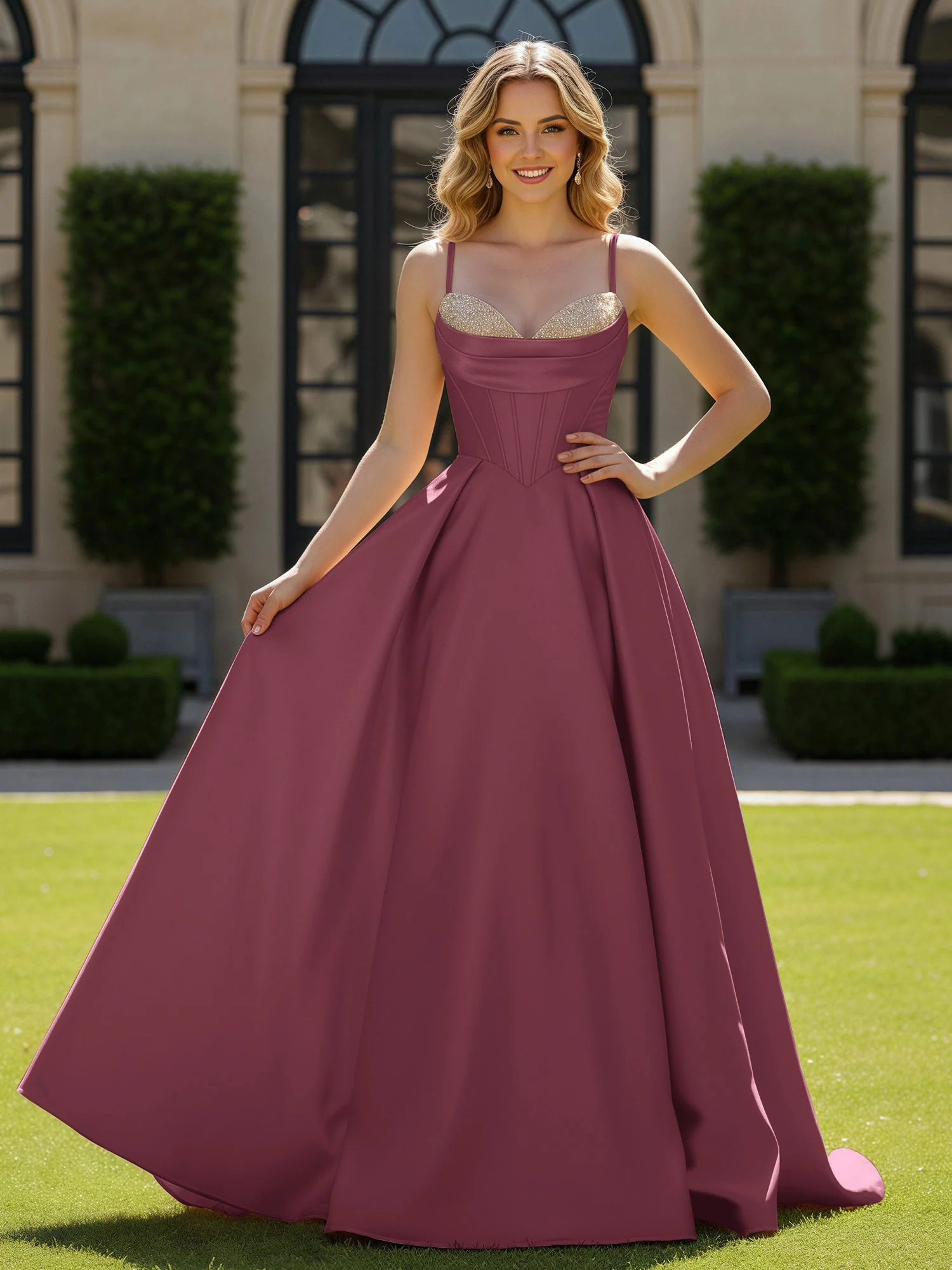 Spaghetti Straps Beaded Sweetheart Neck Maxi Gown Mulberry