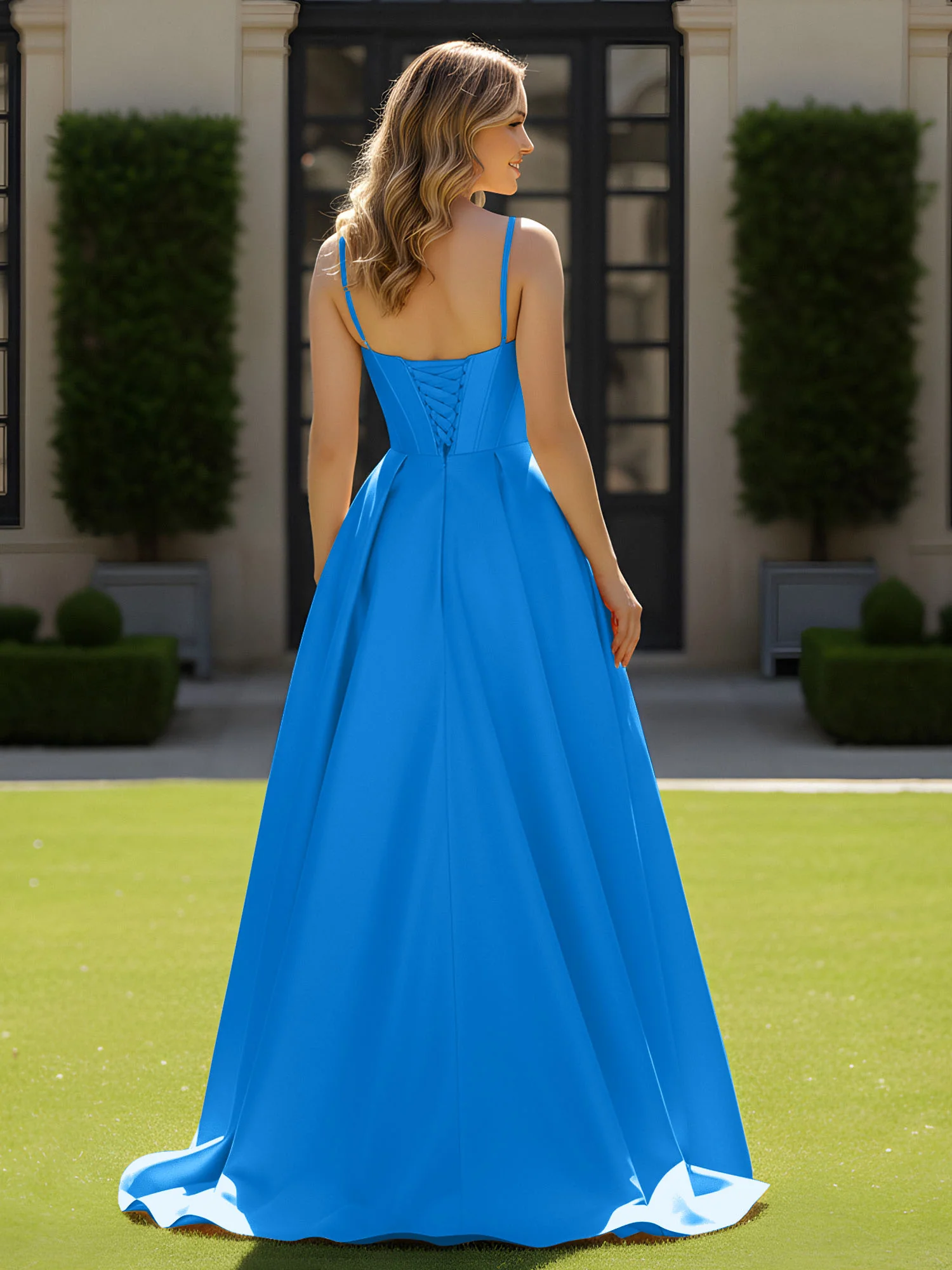 Spaghetti Straps Beaded Sweetheart Neck Maxi Gown Ocean Blue - Image 2