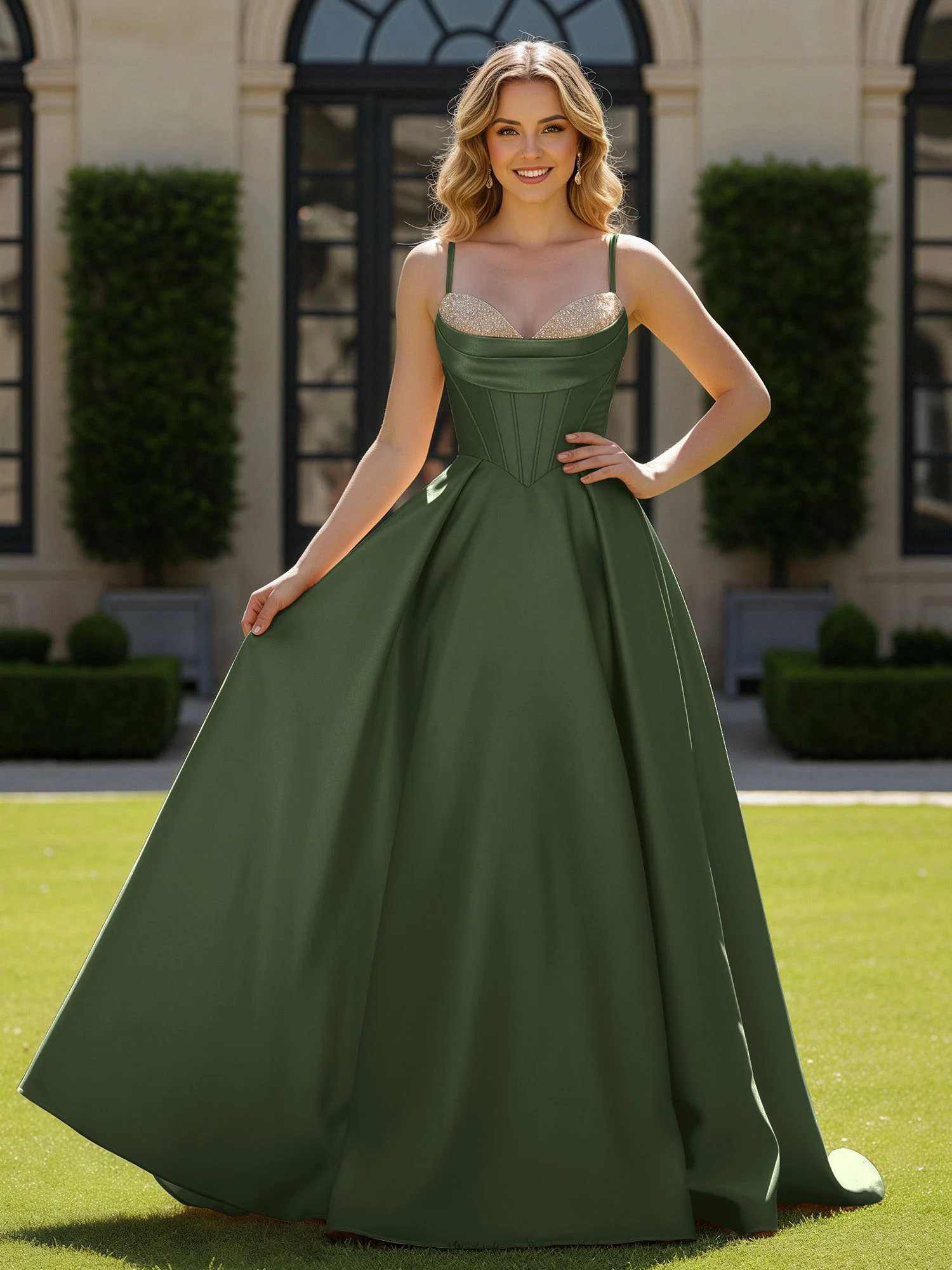 Spaghetti Straps Beaded Sweetheart Neck Maxi Gown Olive Green