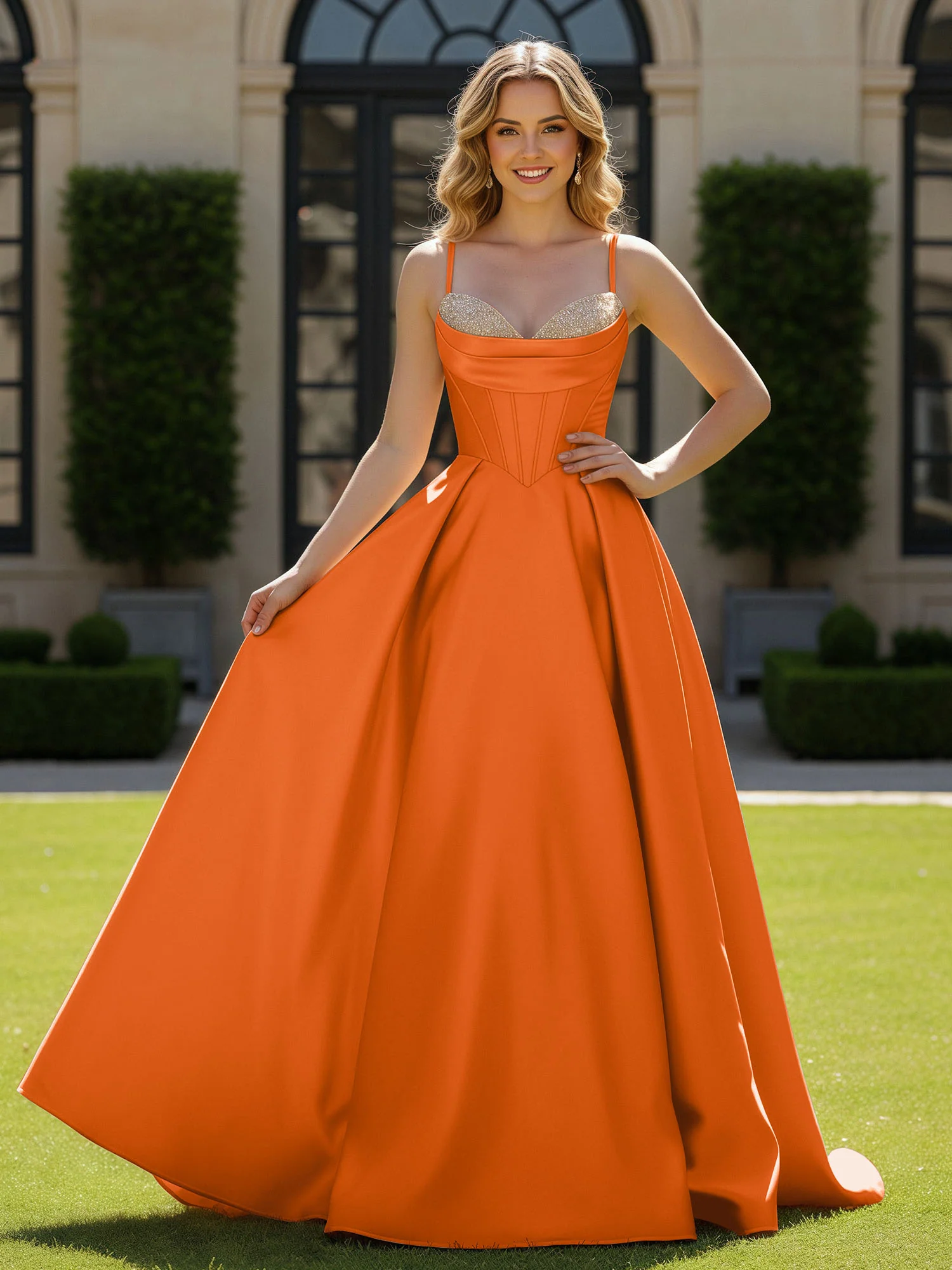 Spaghetti Straps Beaded Sweetheart Neck Maxi Gown Orange