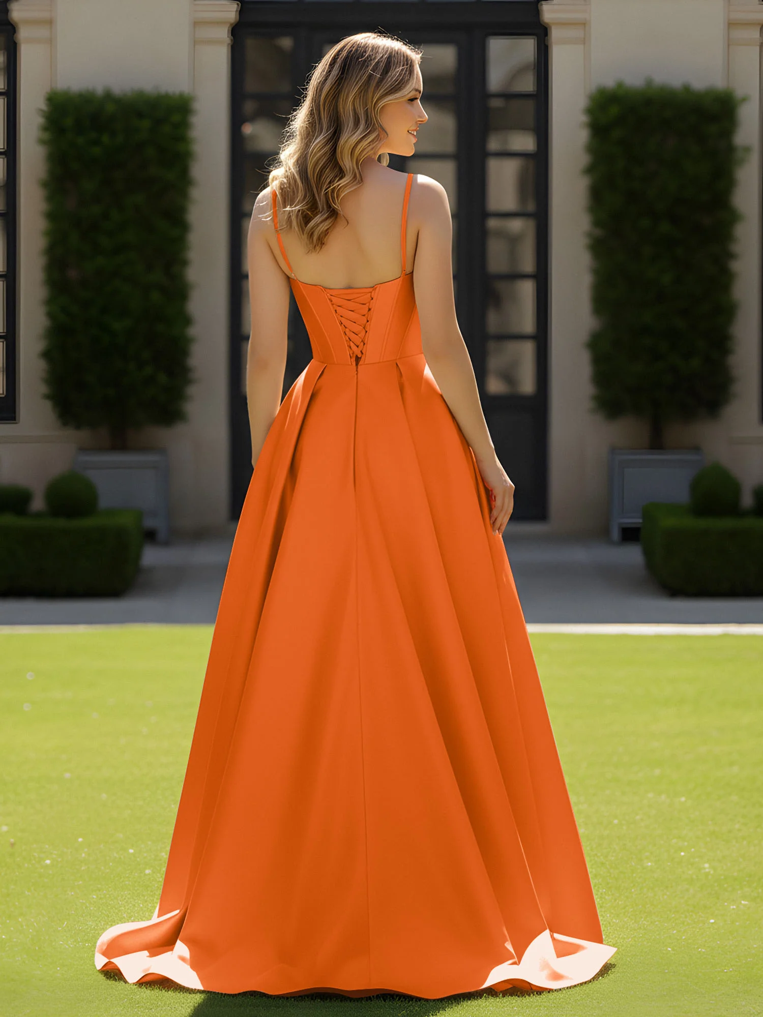 Spaghetti Straps Beaded Sweetheart Neck Maxi Gown Orange - Image 2