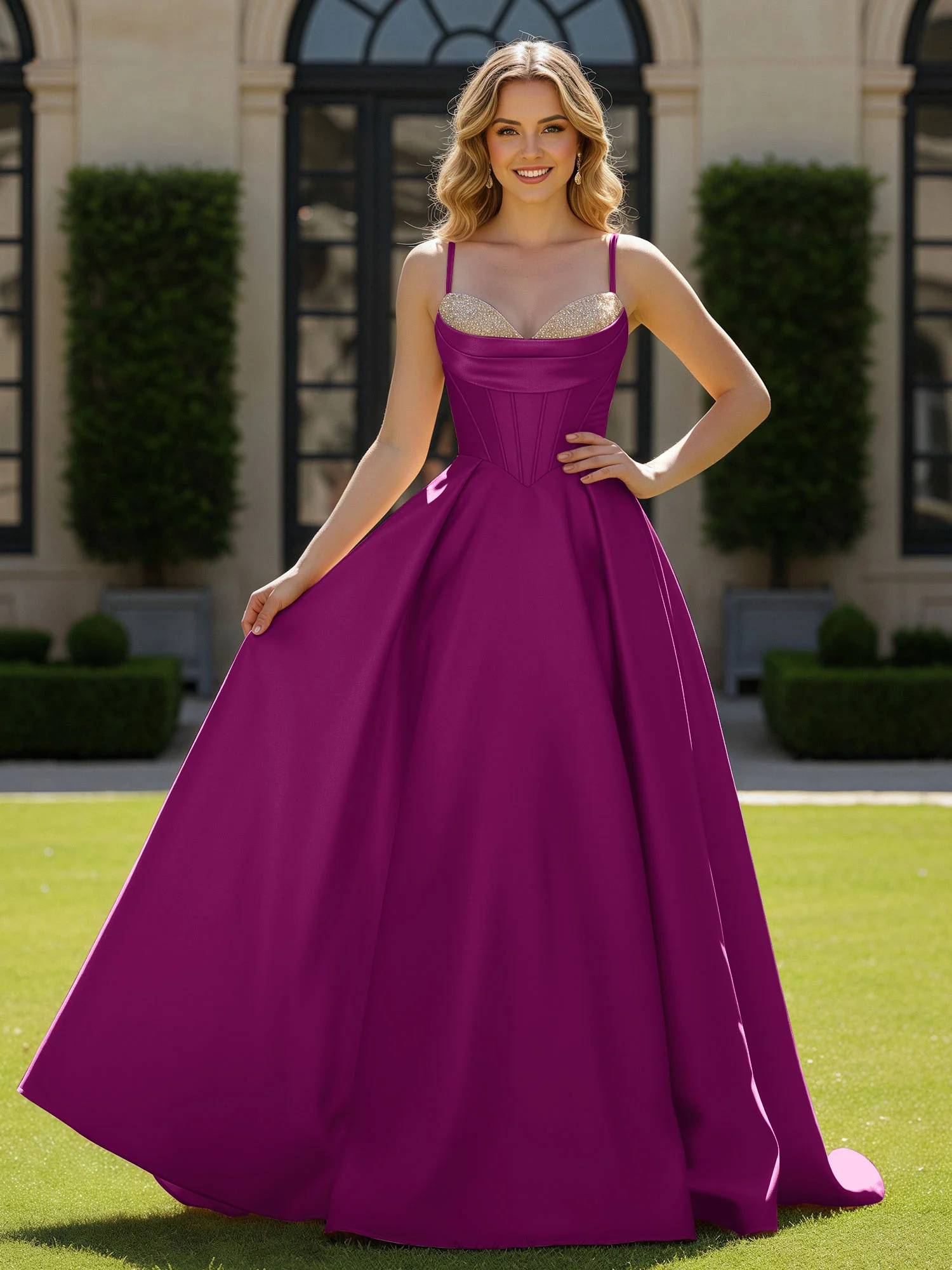 Spaghetti Straps Beaded Sweetheart Neck Maxi Gown Orchid