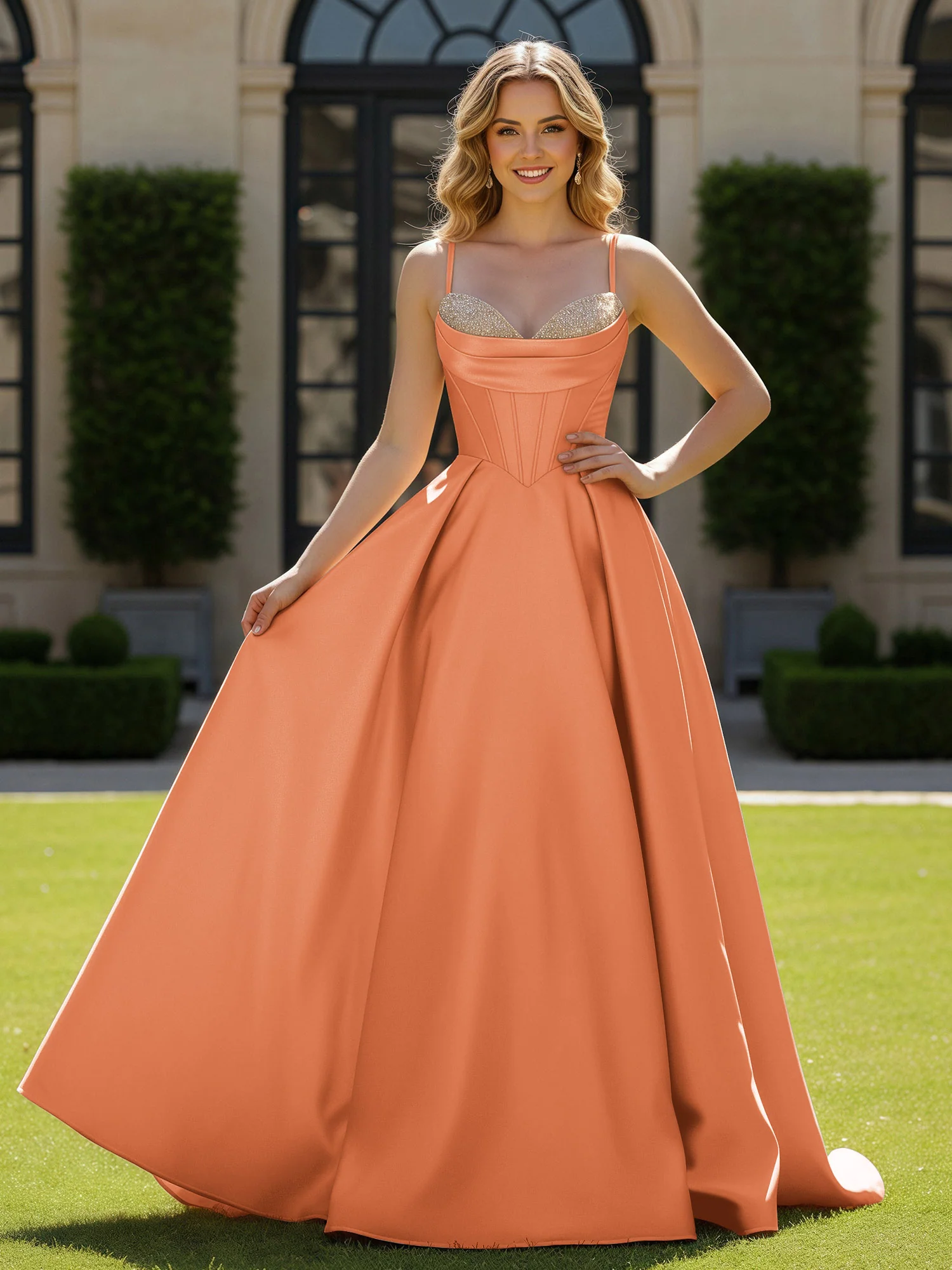 Spaghetti Straps Beaded Sweetheart Neck Maxi Gown Papaya