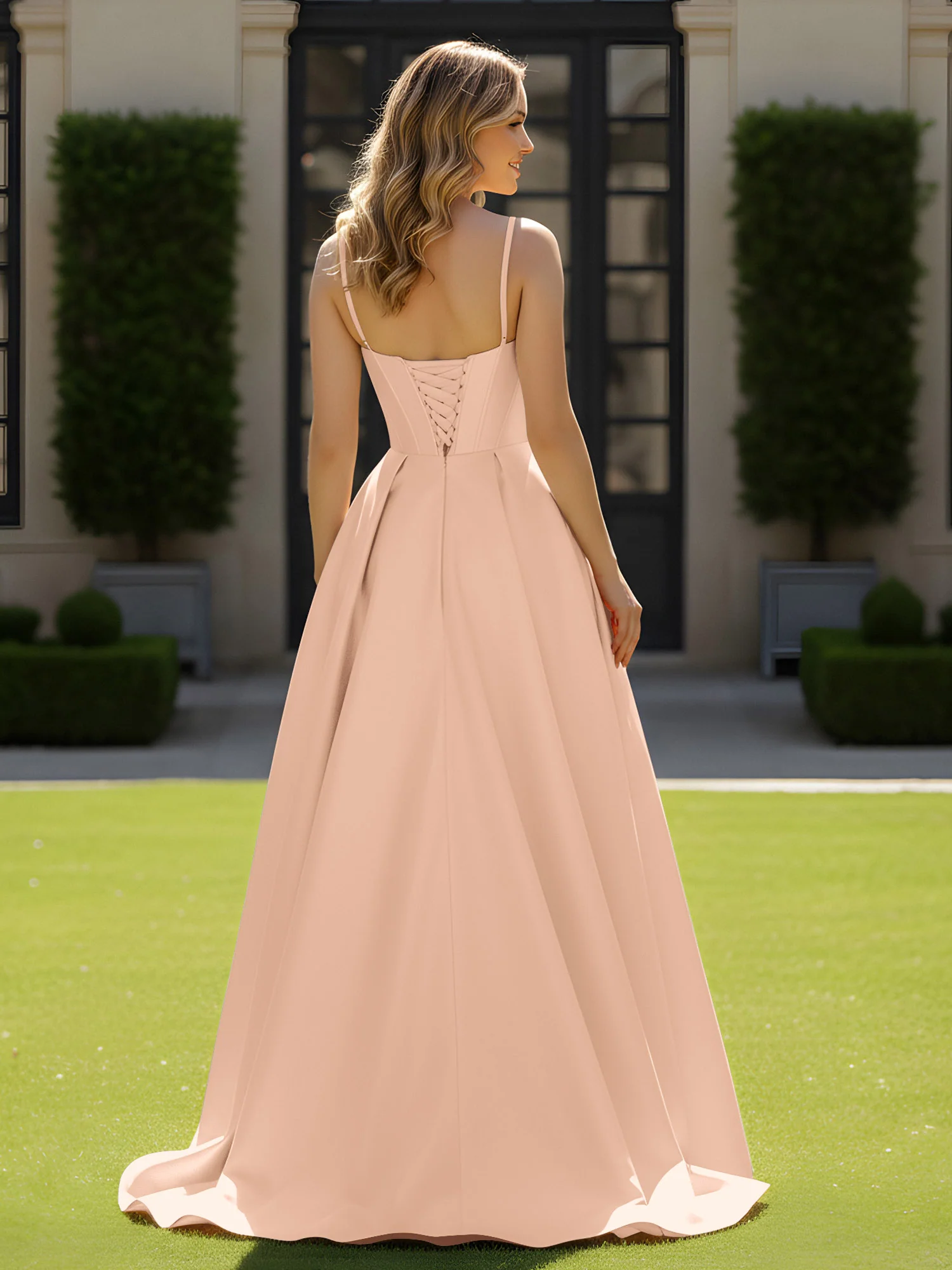 Spaghetti Straps Beaded Sweetheart Neck Maxi Gown Peach - Image 2