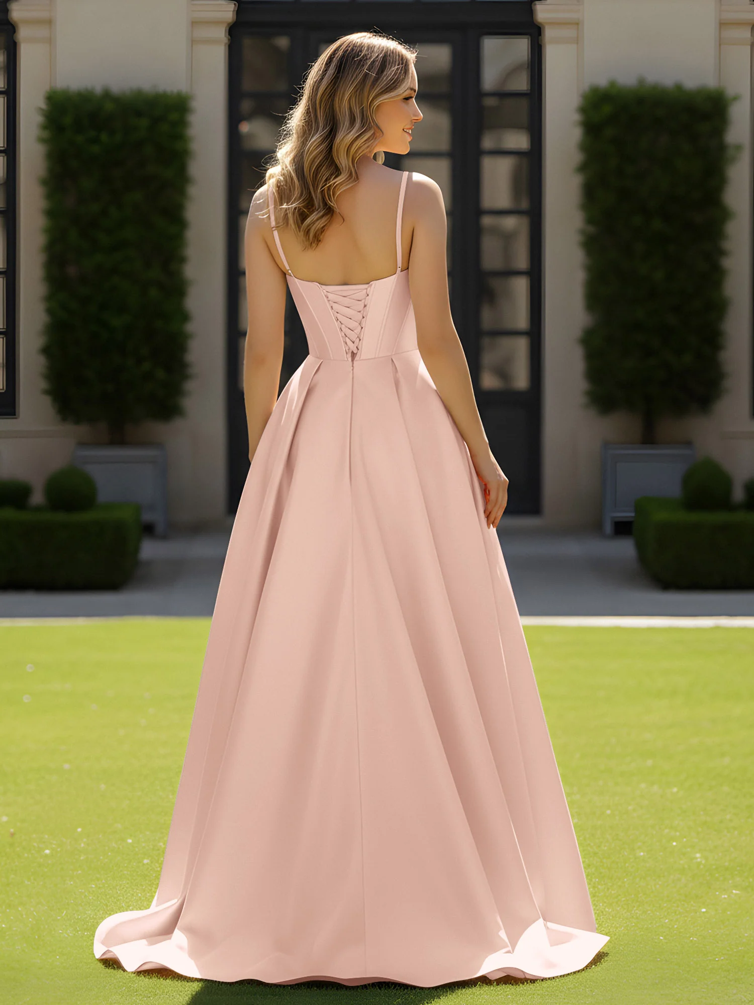 Spaghetti Straps Beaded Sweetheart Neck Maxi Gown Pearl Pink - Image 2