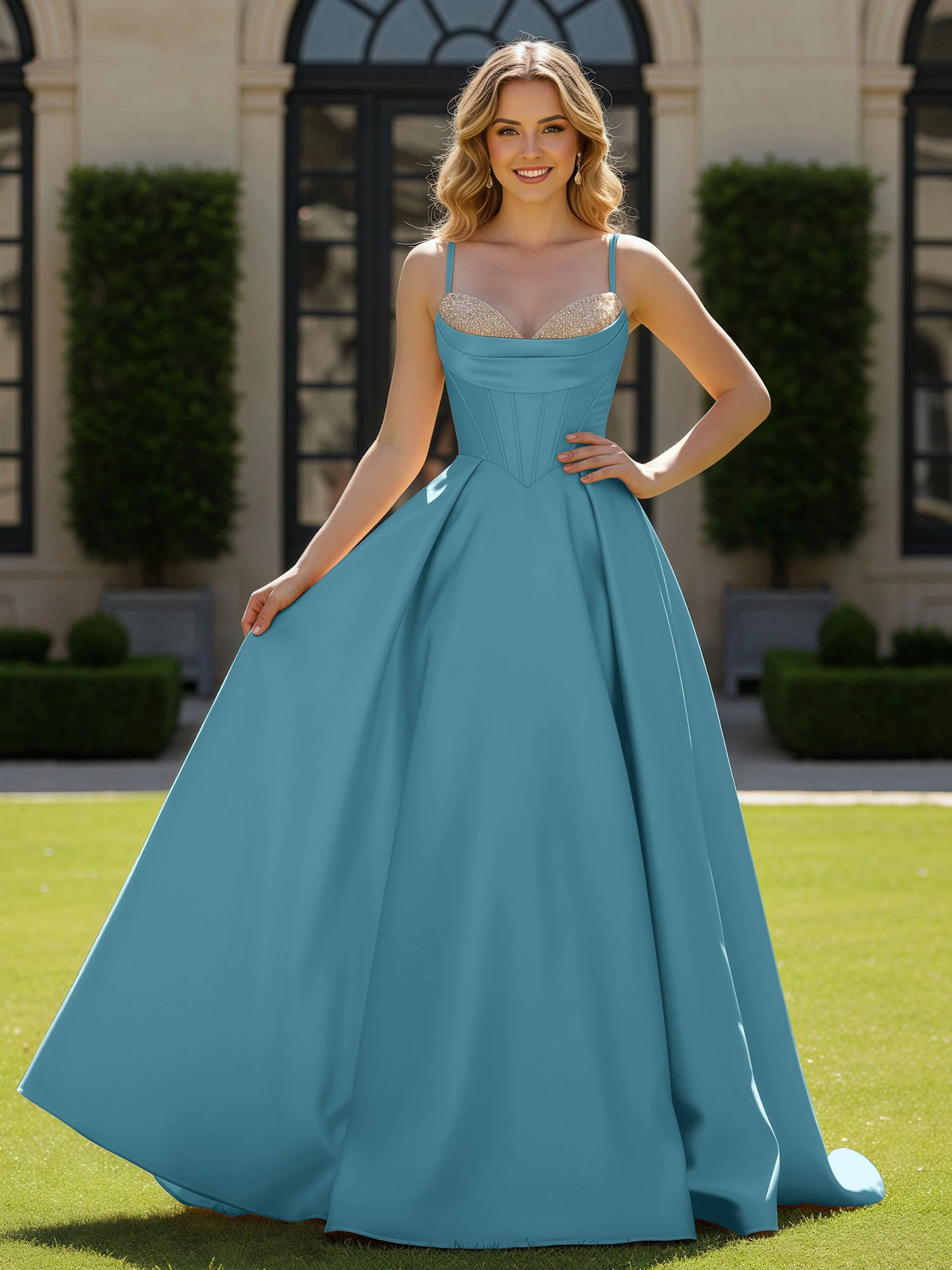 Spaghetti Straps Beaded Sweetheart Neck Maxi Gown Pool
