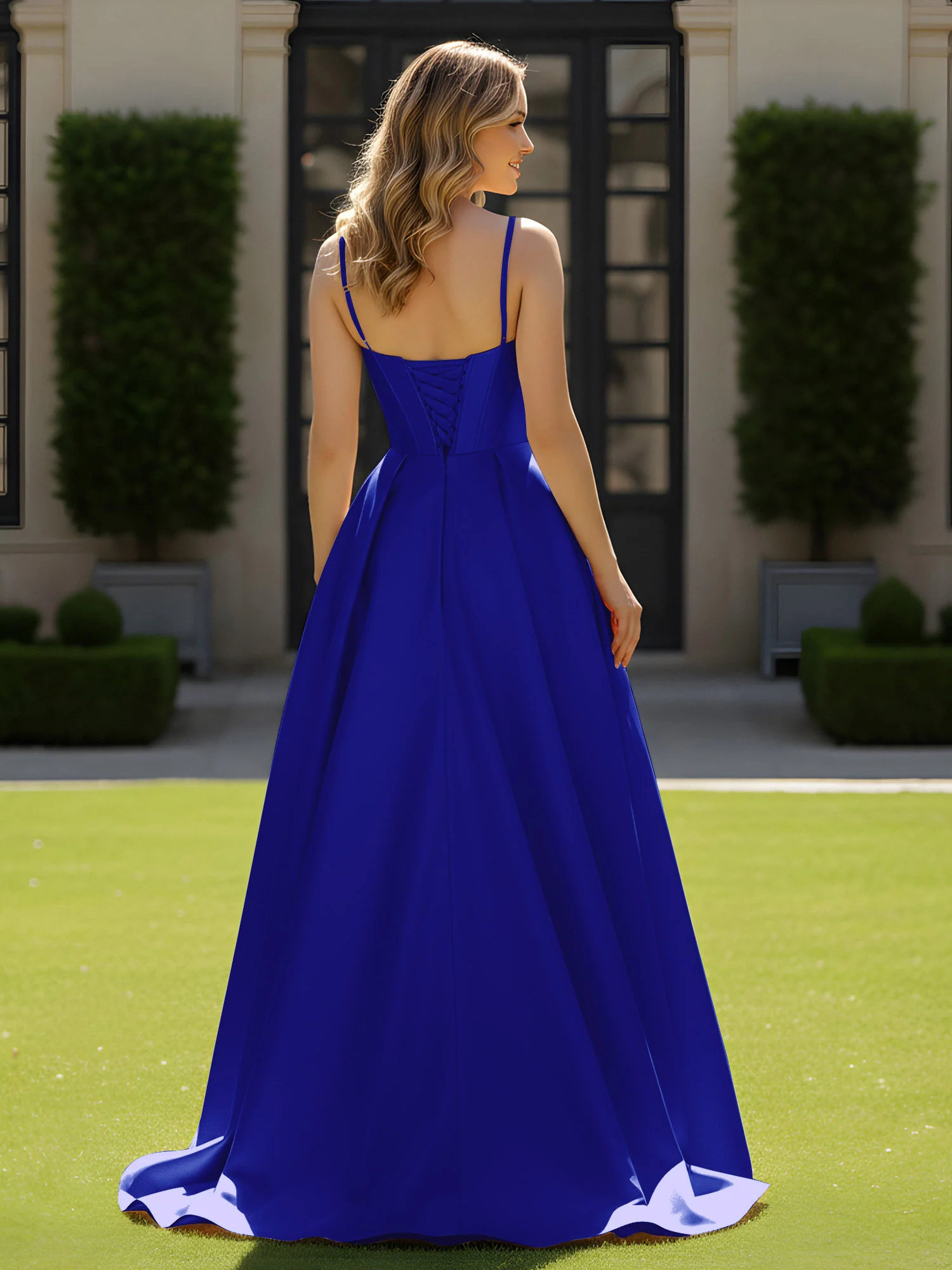 Spaghetti Straps Beaded Sweetheart Neck Maxi Gown Royal Blue - Image 2