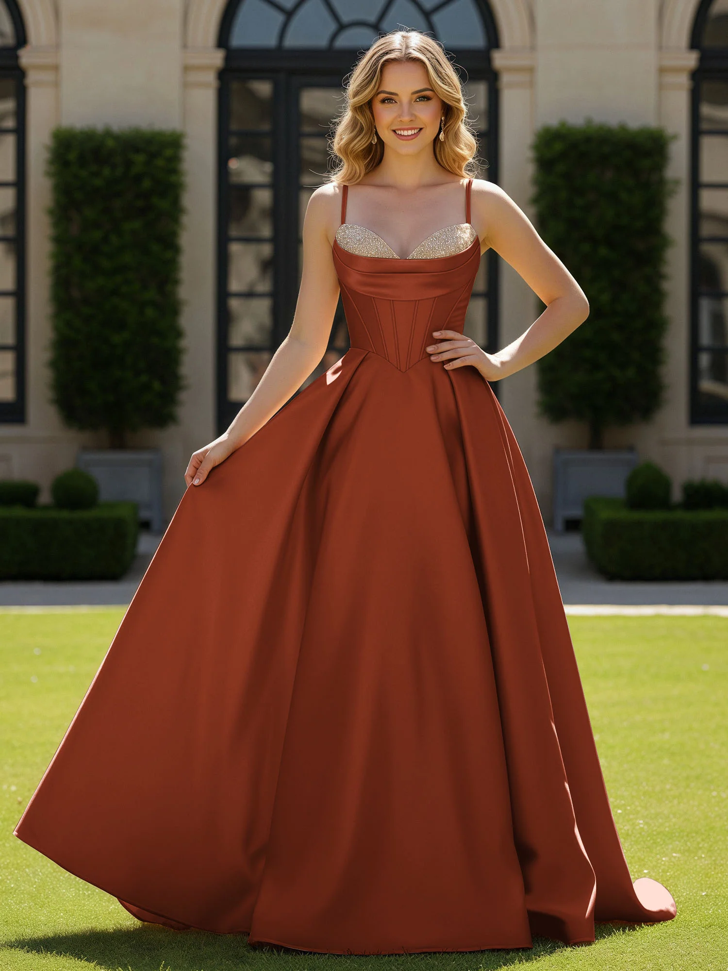Spaghetti Straps Beaded Sweetheart Neck Maxi Gown Rust