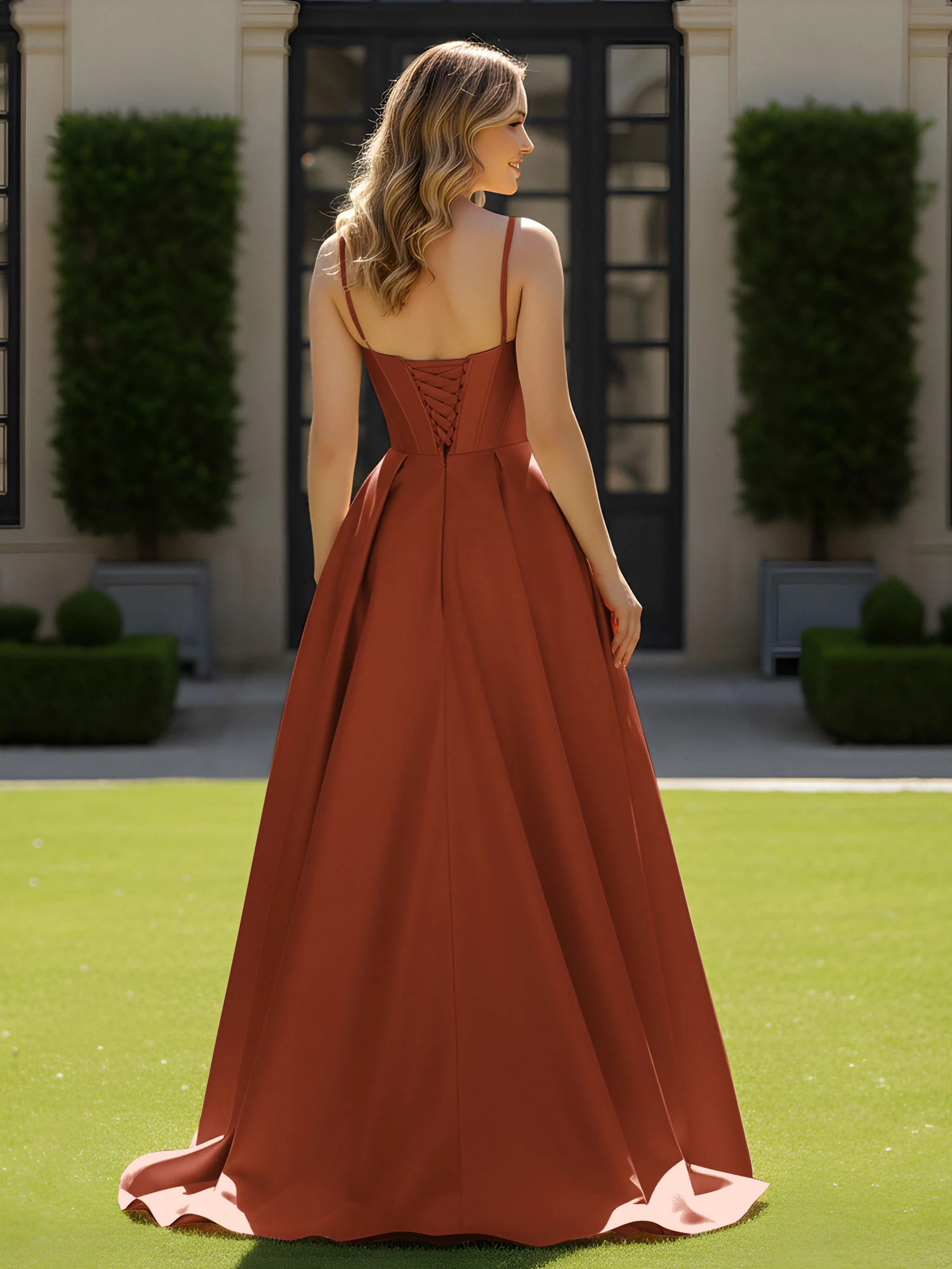 Spaghetti Straps Beaded Sweetheart Neck Maxi Gown Rust - Image 2