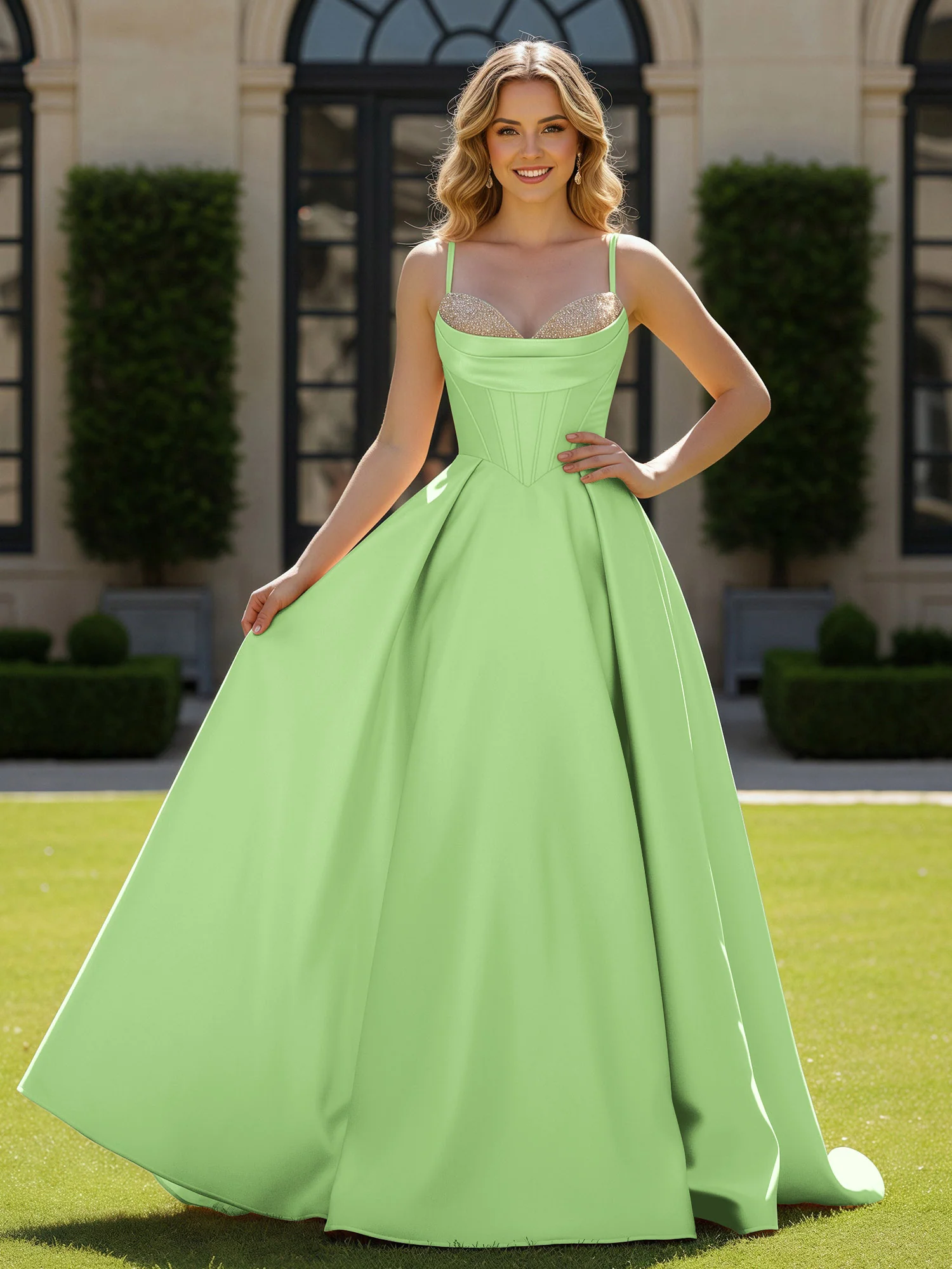 Spaghetti Straps Beaded Sweetheart Neck Maxi Gown Sage