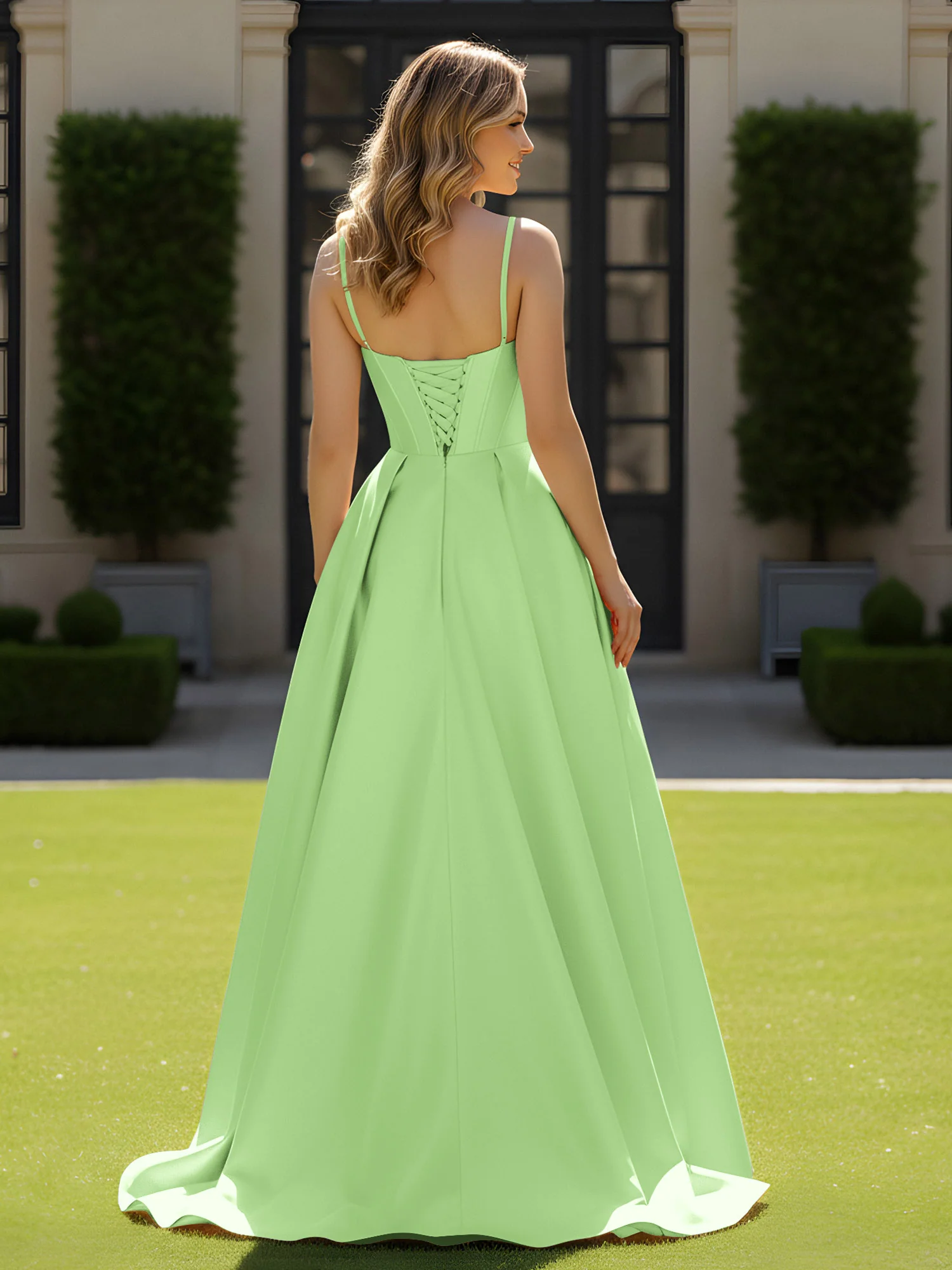 Spaghetti Straps Beaded Sweetheart Neck Maxi Gown Sage - Image 2