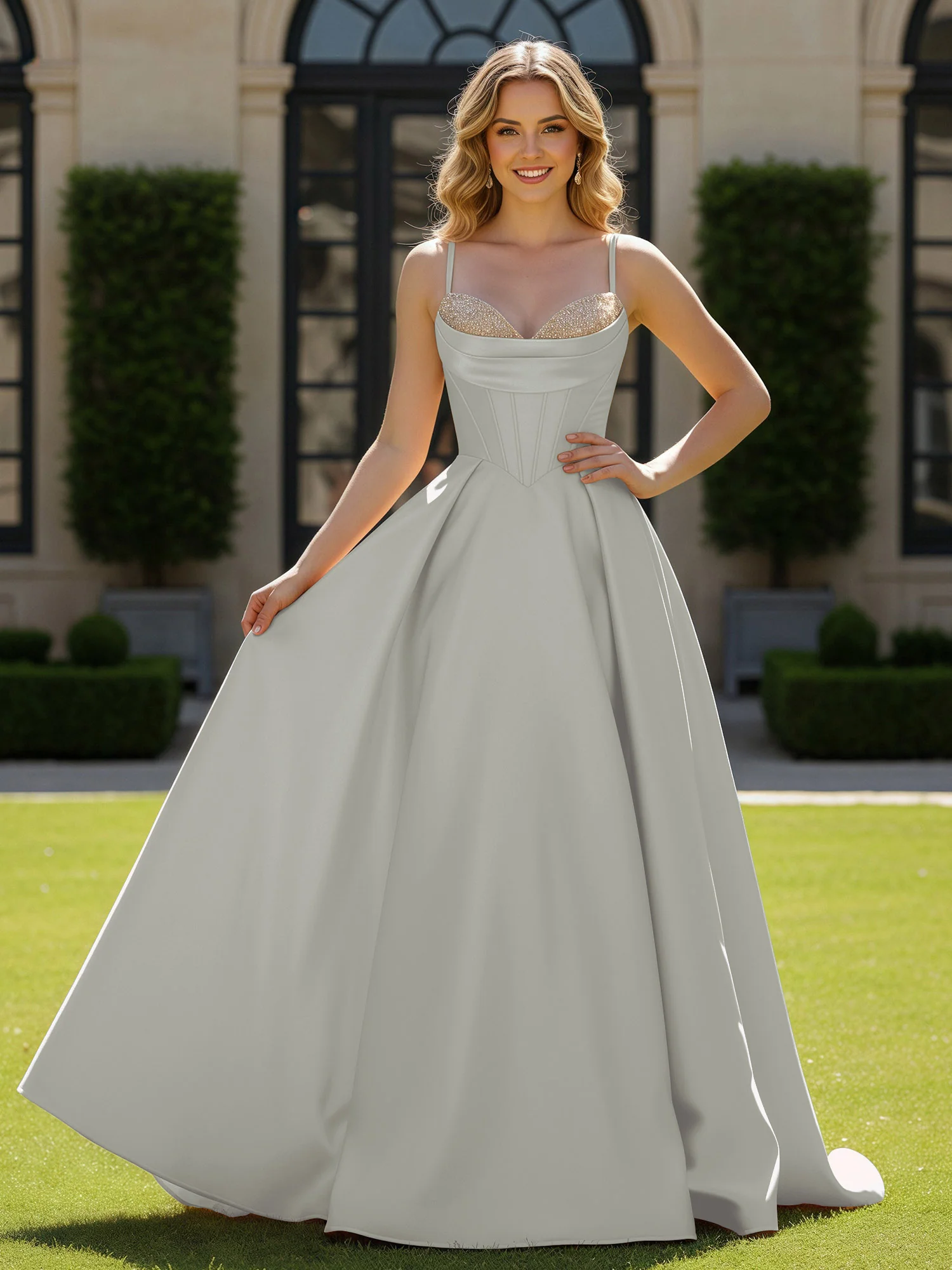 Spaghetti Straps Beaded Sweetheart Neck Maxi Gown Silver