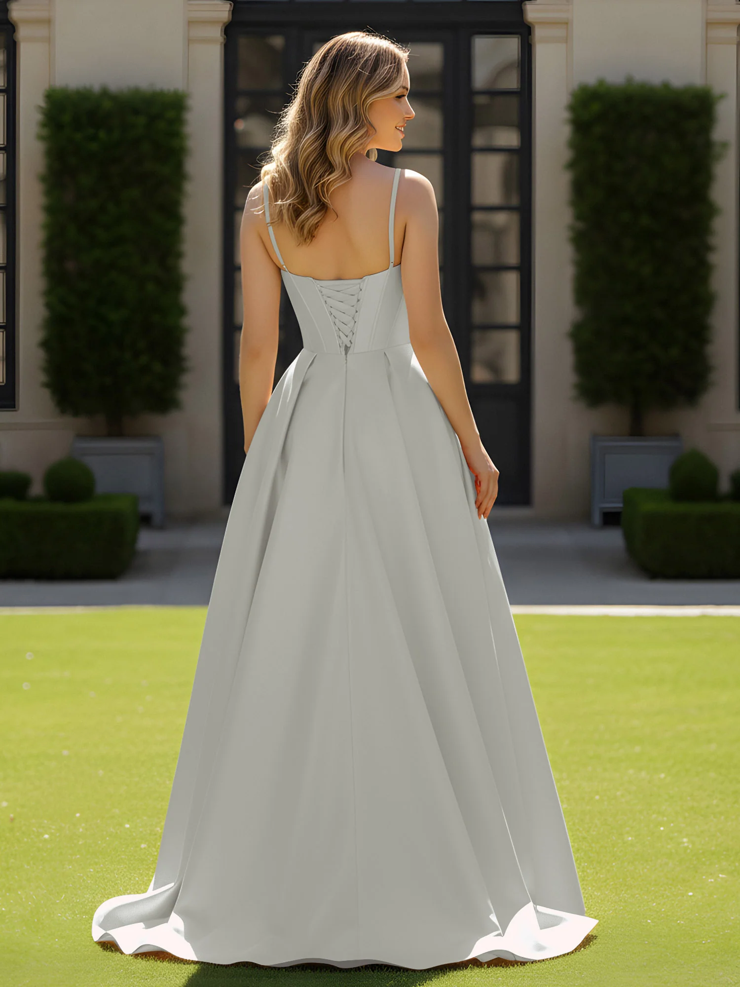 Spaghetti Straps Beaded Sweetheart Neck Maxi Gown Silver - Image 2
