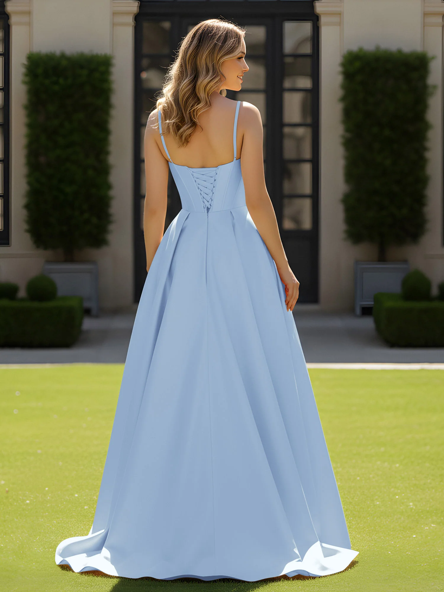 Spaghetti Straps Beaded Sweetheart Neck Maxi Gown Sky Blue - Image 2