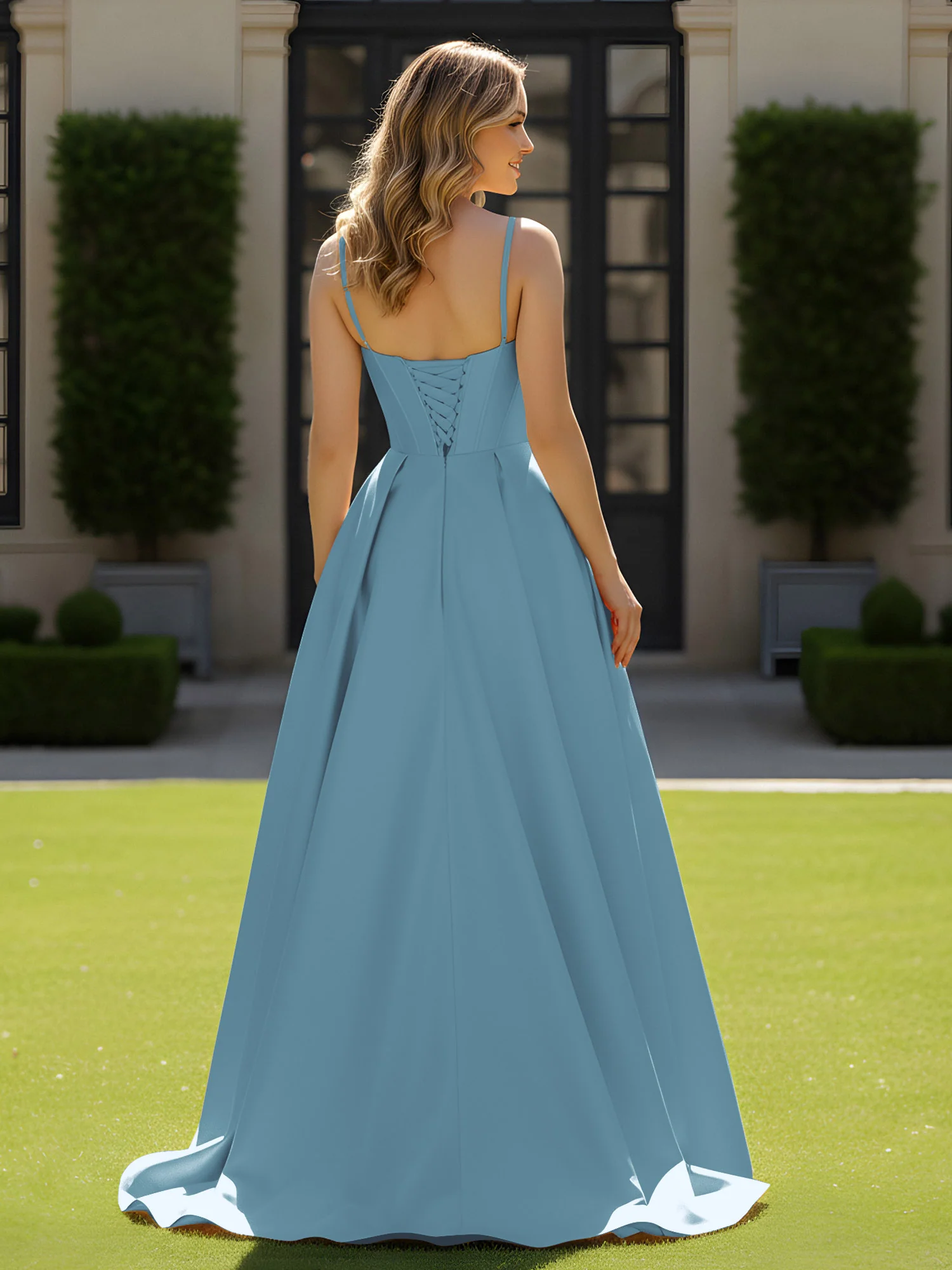 Spaghetti Straps Beaded Sweetheart Neck Maxi Gown Slate Blue - Image 2