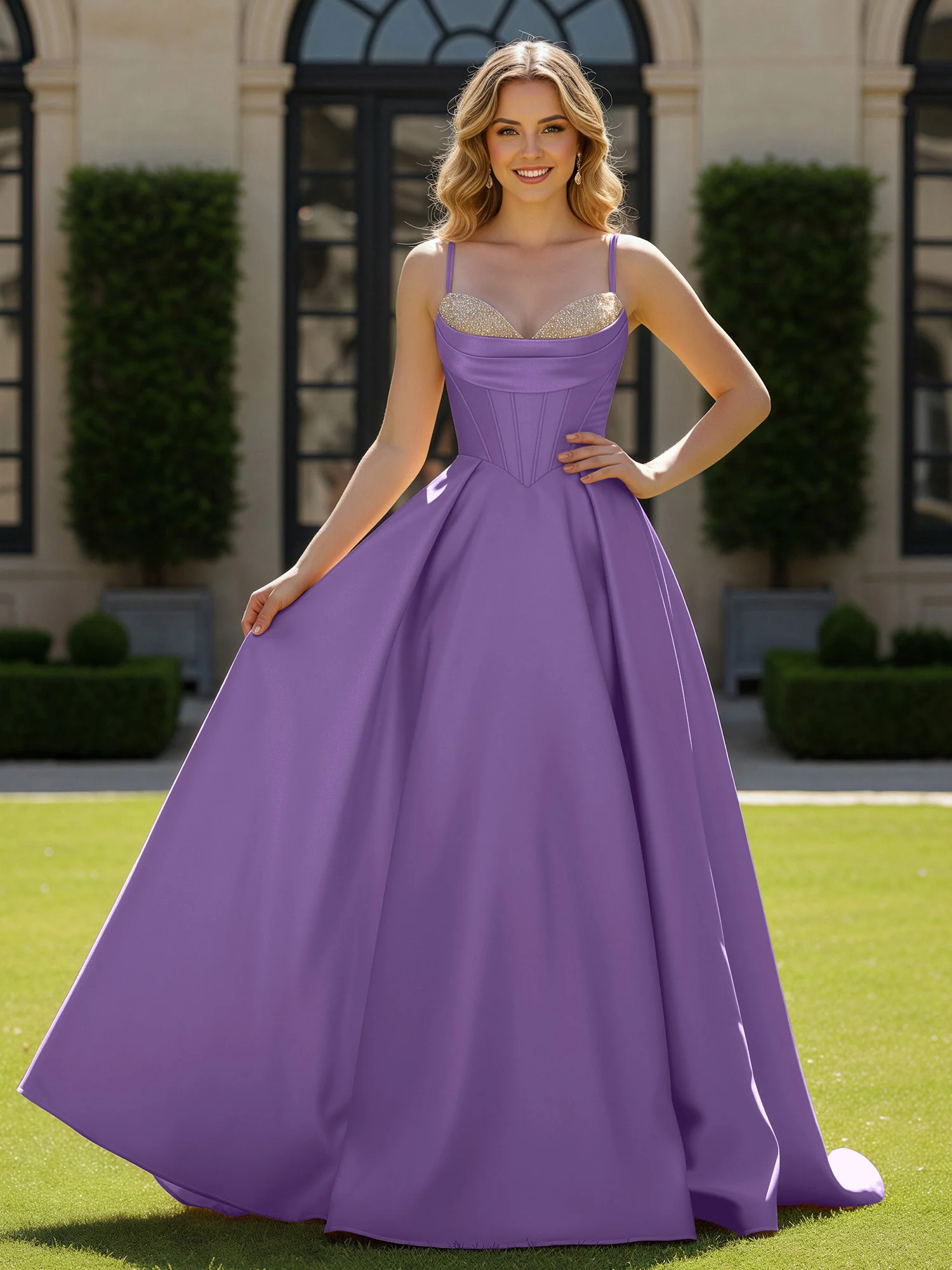 Spaghetti Straps Beaded Sweetheart Neck Maxi Gown Tahiti