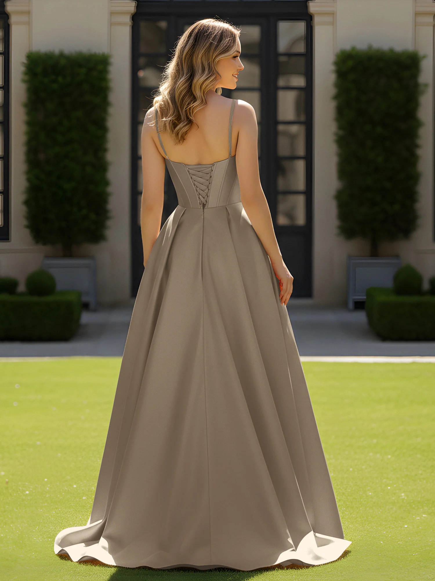 Spaghetti Straps Beaded Sweetheart Neck Maxi Gown Taupe - Image 2