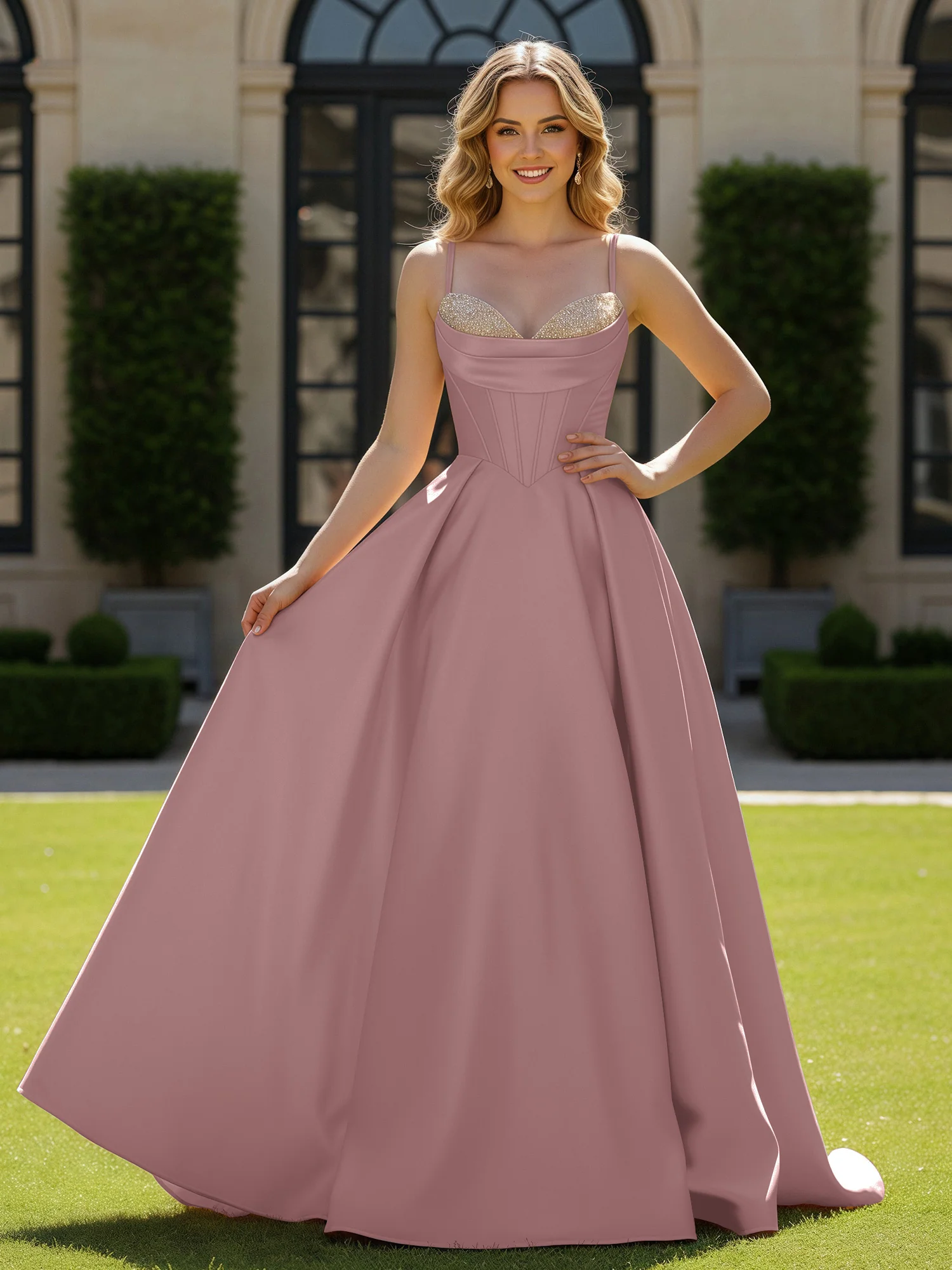 Spaghetti Straps Beaded Sweetheart Neck Maxi Gown Vintage Mauve