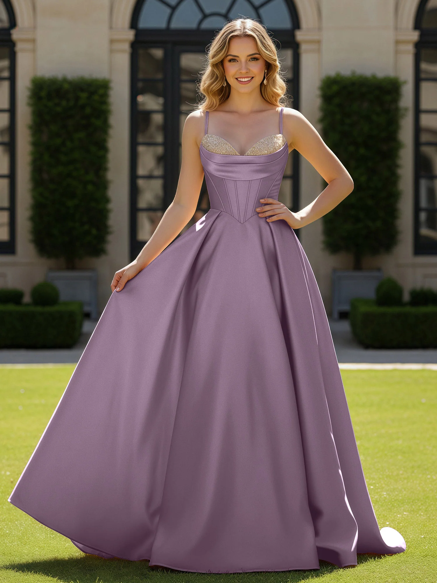 Spaghetti Straps Beaded Sweetheart Neck Maxi Gown Wisteria