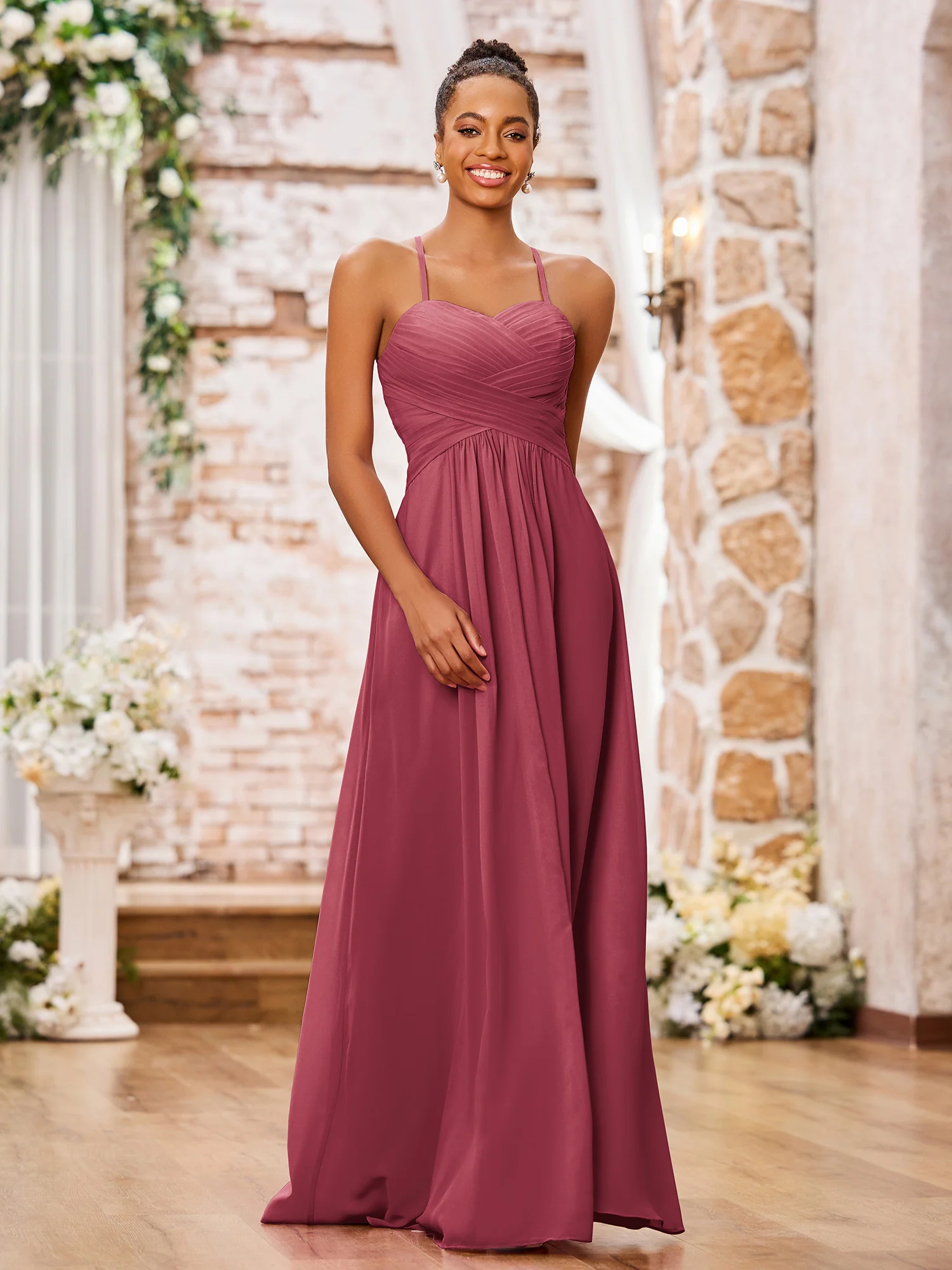 Spaghetti Straps Cross Pleated Chiffon Long Dresses Cinnamon Rose