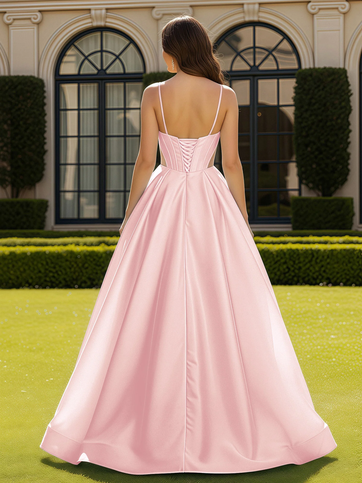 Spaghetti Straps Lace Sweetheart Corset Dress With Slit Blushing Pink - Image 2