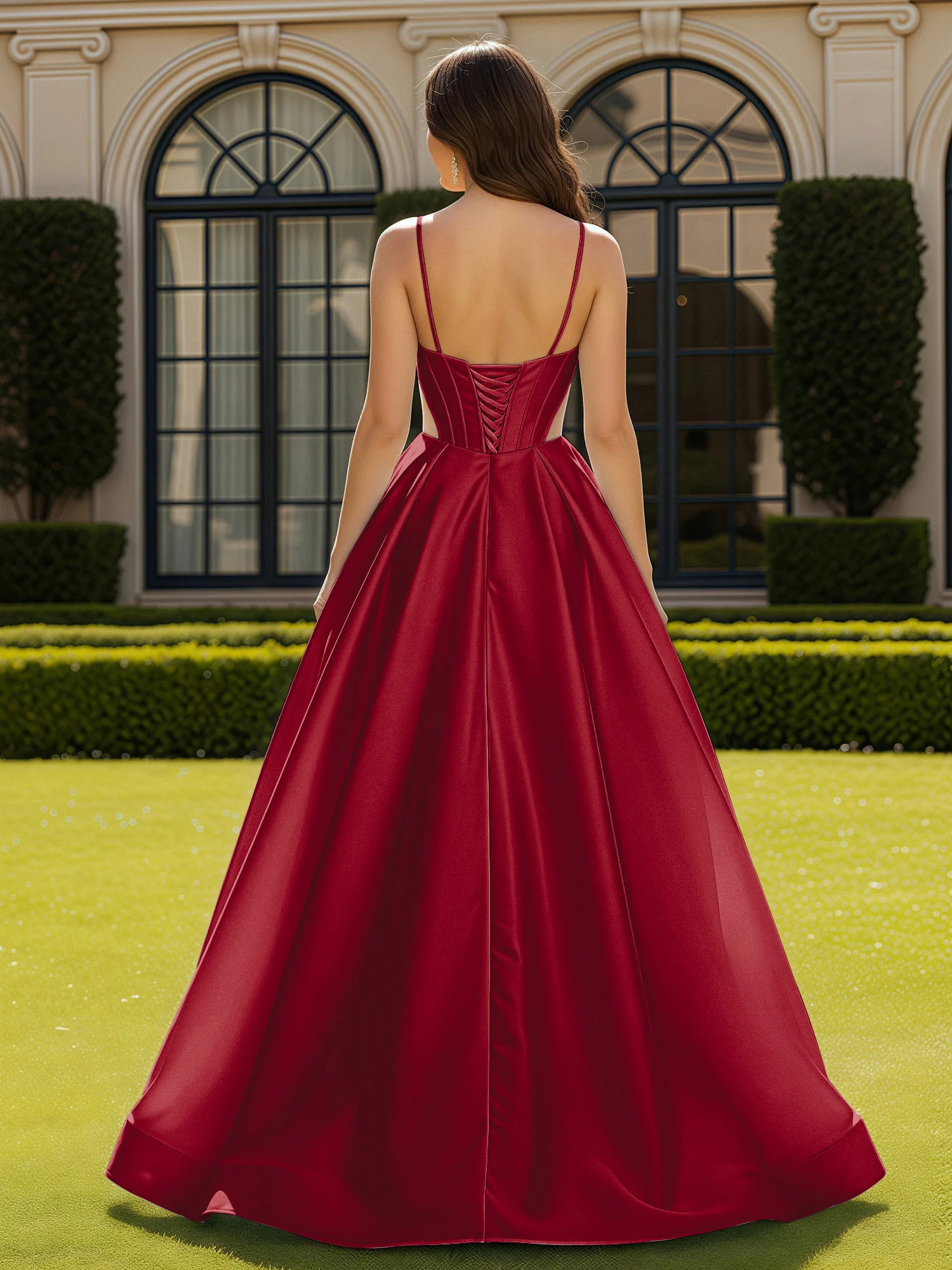 Spaghetti Straps Lace Sweetheart Corset Dress With Slit Burgundy - Image 2