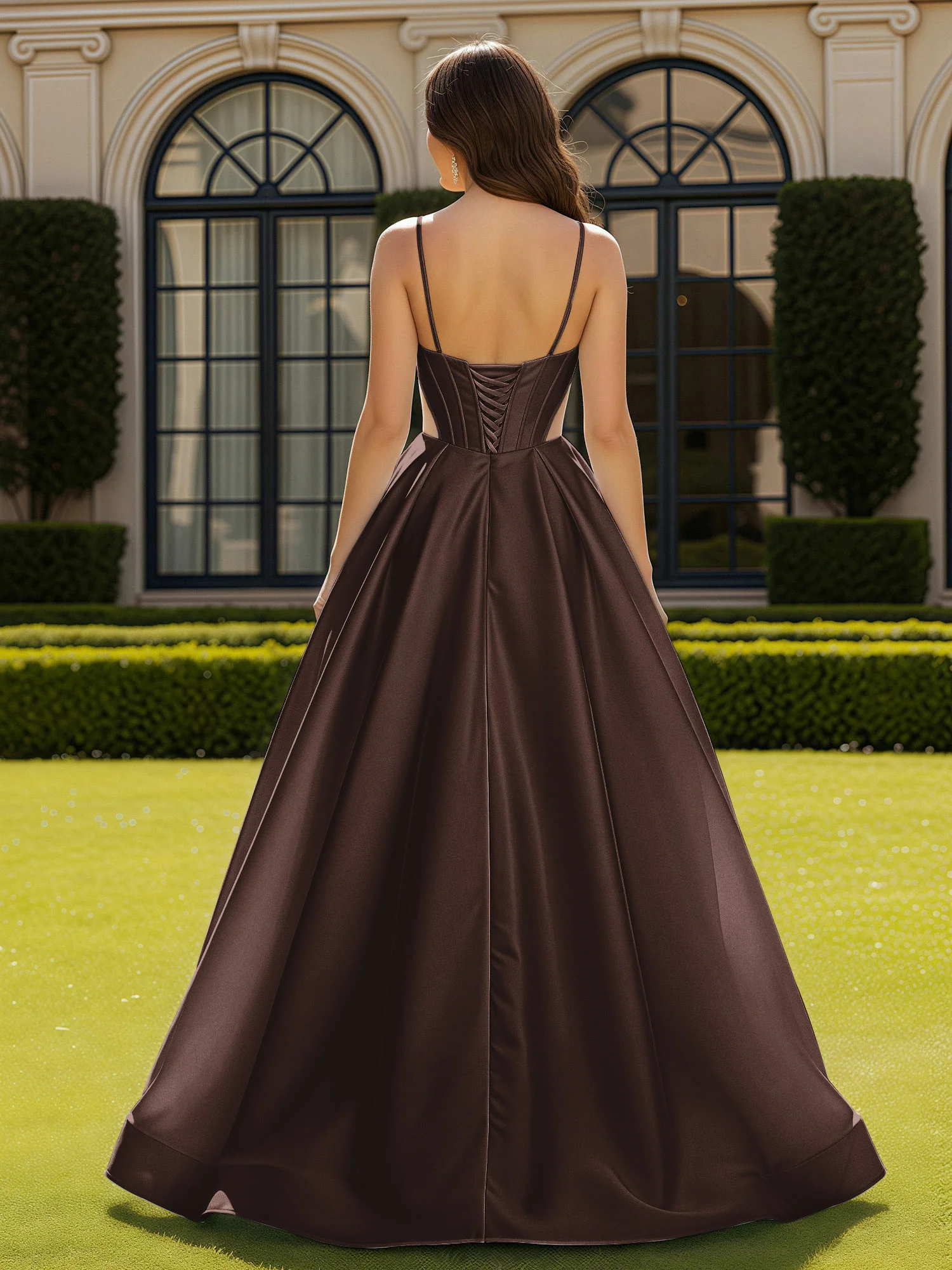 Spaghetti Straps Lace Sweetheart Corset Dress With Slit Chocolate - Image 2